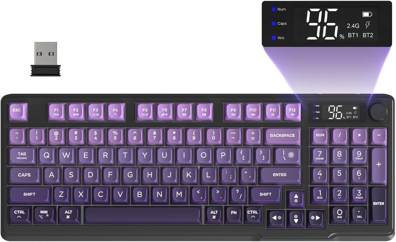FREEWOLF M96 Wireless Gaming Keyboard Creamy Membrane with Rainbow Backlight,Media Knob,Lcd Screen,Dual Mode-Bluetooth/2.4Ghz,Ball Shape PBT Keycap 94 Key ANSI Layout for Win Mac PC Gamer(Purple) image number 6