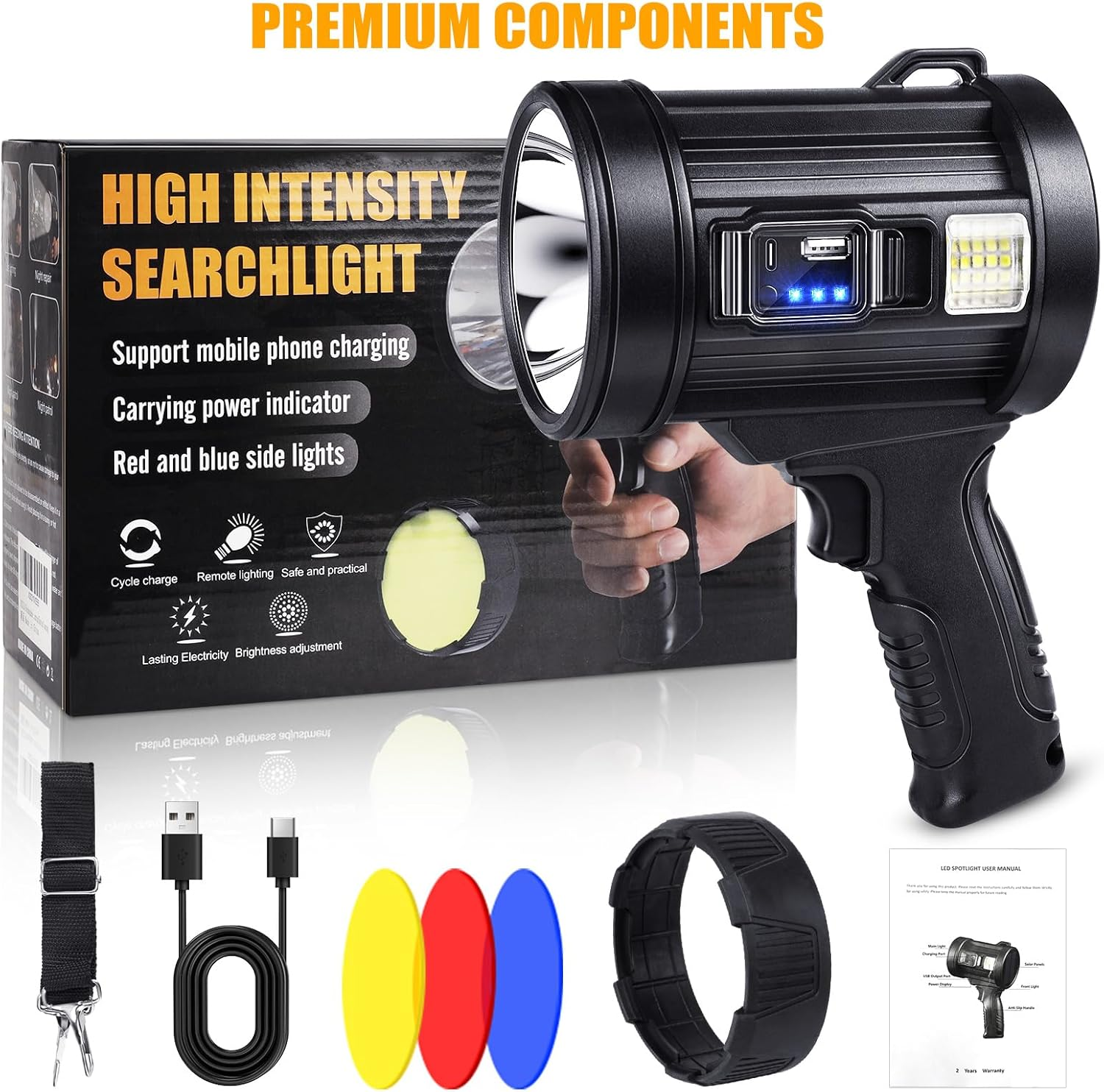 Rechargeable Spotlight, 3000 Lumens Bright LED Spotlight Flashlight, Long Running Spot Light Searchlight, Outdoor Handheld Spotlights with Solar Panels for Hunting,Camping,Boat,6 Spotlight Modes image number 1