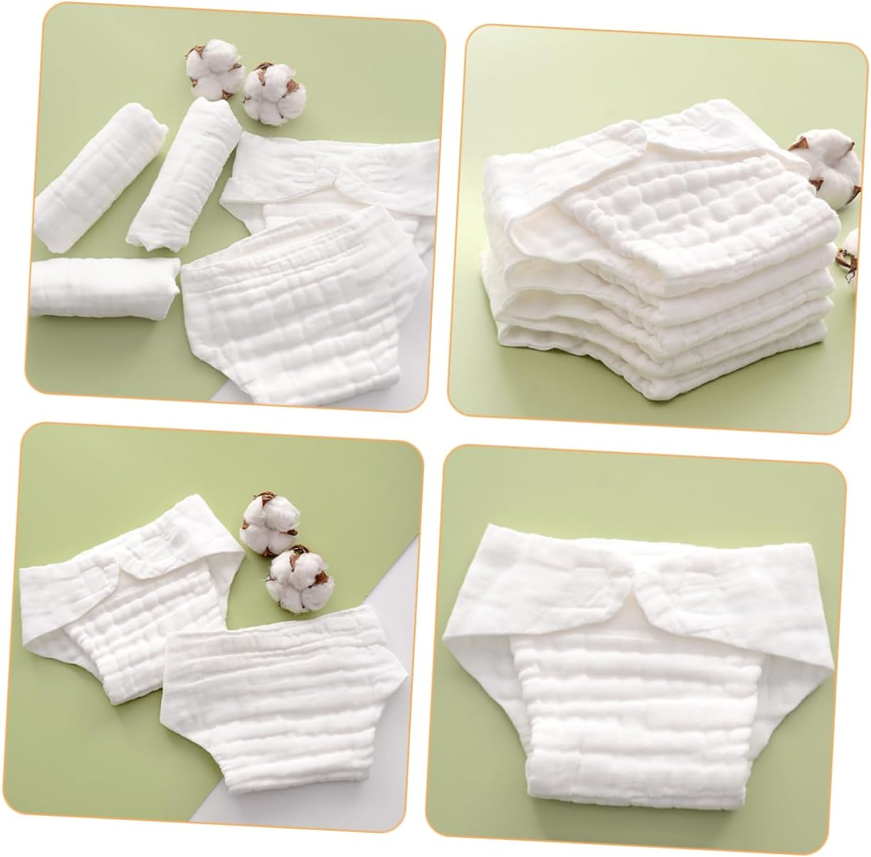 Reusable Infant Diapers and Cotton Diaper Liners for Newborns, Breathable Waterproof Cloth Nappy Insert, White Size S for 0-3 Months Babies under 5Kg, 5Pcs Set image number 6