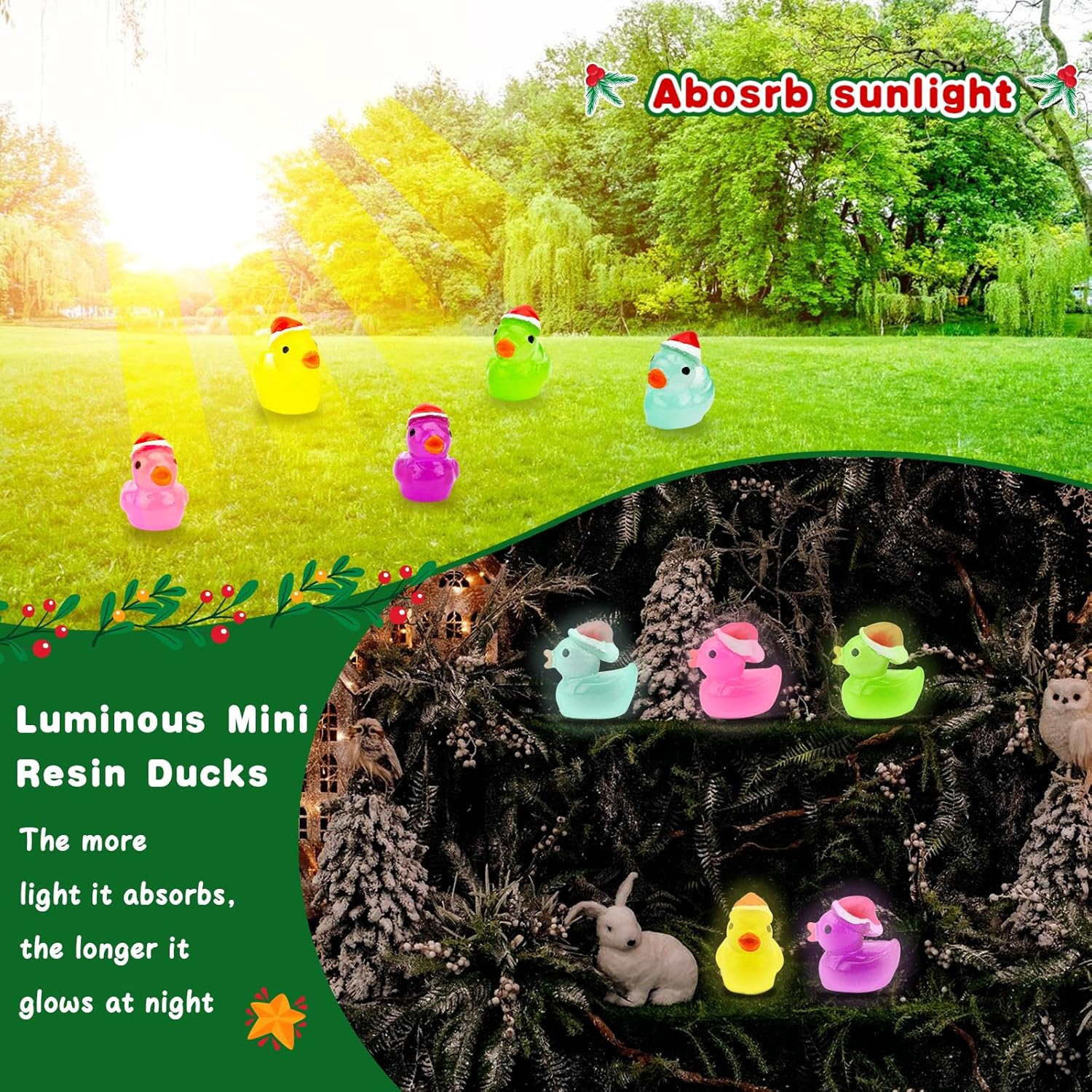50Pcs Christmas Mini Ducks Miniature, 5Colors Luminous Ducks Figurines Wtih Christmas Hat, Figures Ornament for Micro Landscape Dollhouse Miniature Statue Landscape Craft Cake Topper image number 5
