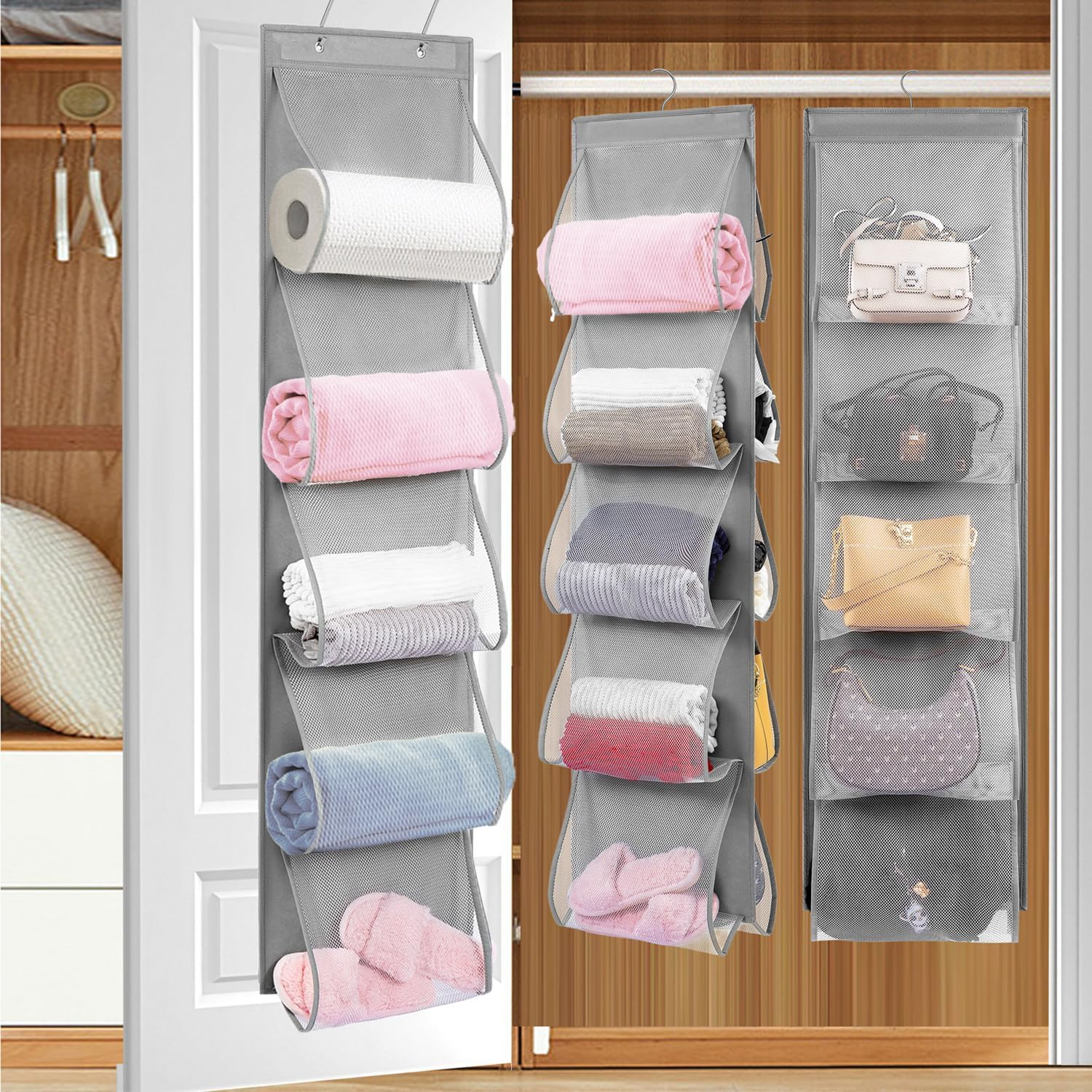 TEMUORG 2 Pcs Hanging Handbags Organizer Closet Scarf Clothes Towels Holder Purse Bag Storage with Easy Access Deep Pockets (One Side)