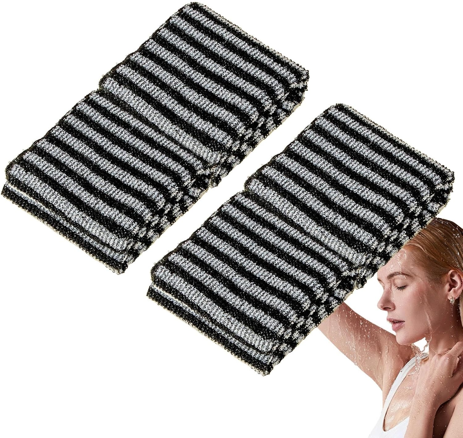 Shower Towel, 2 Pieces Body Cleansing Massage Scrub - Soft and Practical, Removes Dead Skin for Men Women Body Cleaning and Massage (Black) - Black image number 2
