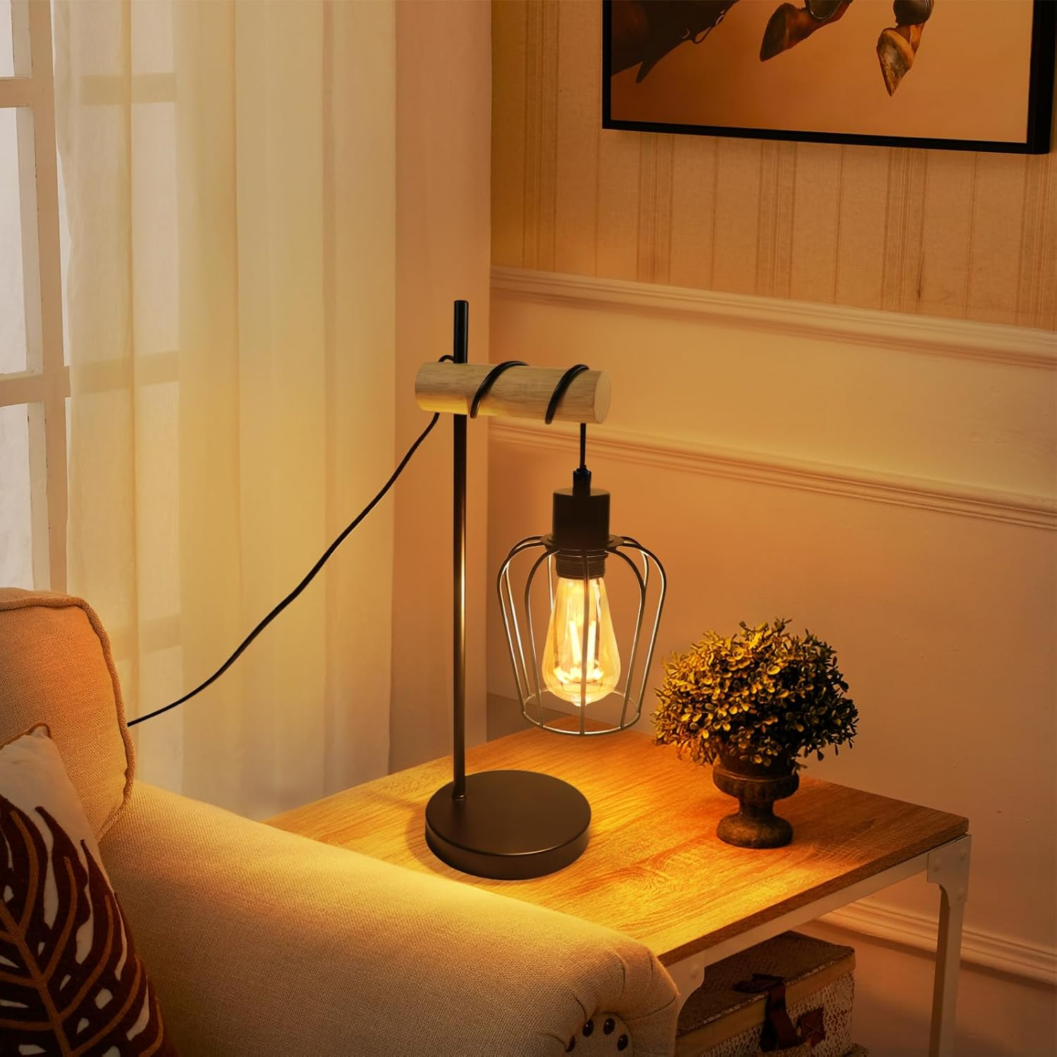 ZMH Vintage Wooden Living Room Table Lamp: Black Bedside Lamp 1 Light Industrial Design Metal E27 Socket Retro for Hotel Room - without Bulb