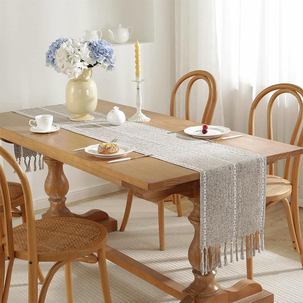 Aufondof Boho Table Runner Farmhouse Table Runner,13" X 90" Long Rustic Coffee Table Runners Cotton Macrame Spring Table Runners with Tassel for Wedding Kitchen Dining Room Table Home Decor ﻿