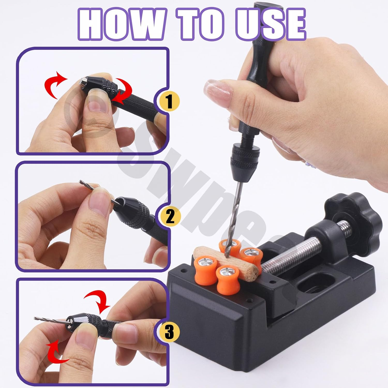 Swpeet 47 Pieces Hand Drill Bits Set Include Mini Bench Vice with Clamps, Pin Vise Hand Drill, Twist Drills and Mini Drills Assortment Kit, Woodworking Hand Bits Set for DIY (0.3-1.2Mm Color Bits) image number 4