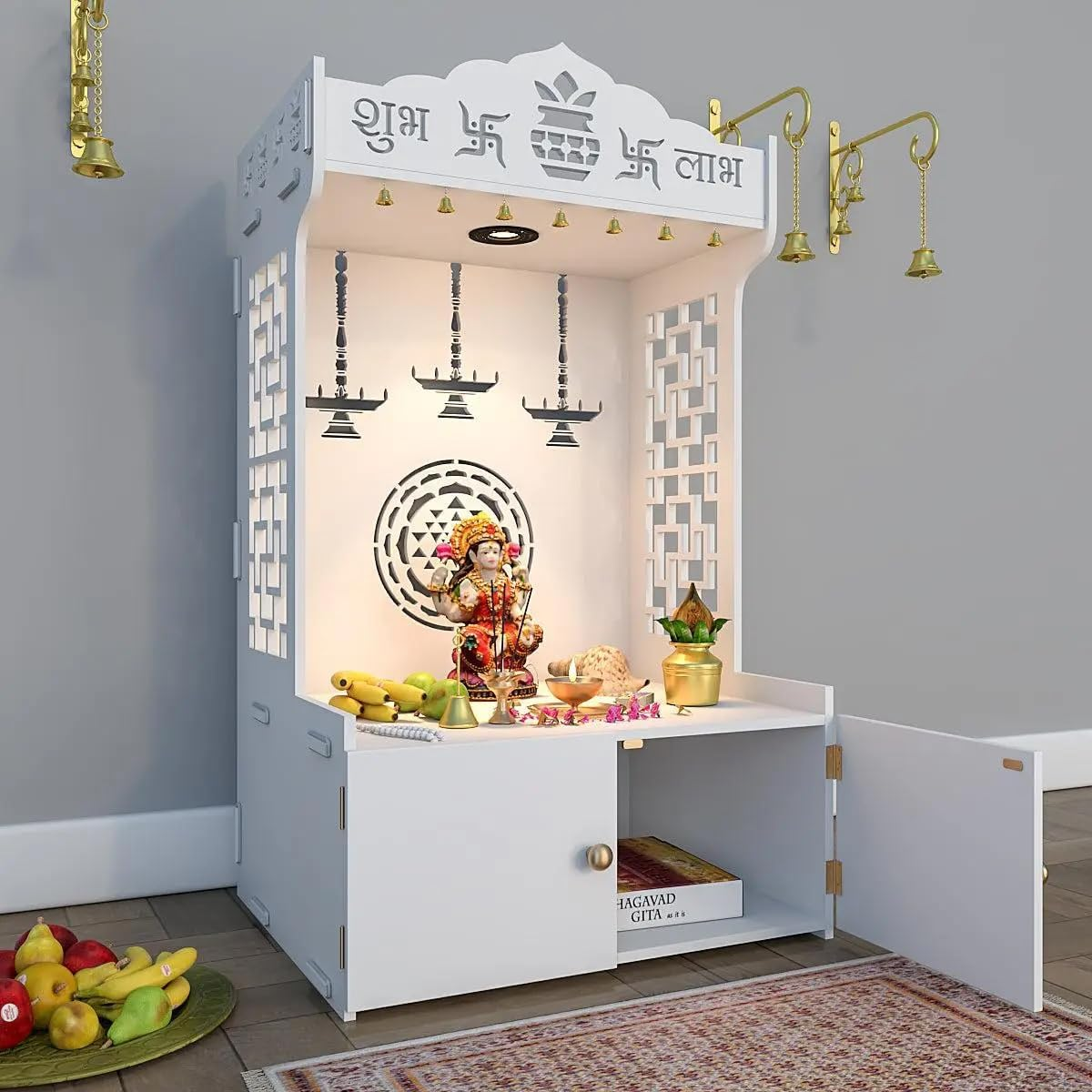 Divine Timeless Wooden Temple for Home with Inbuilt Focus Light- White Color Finish image number 5