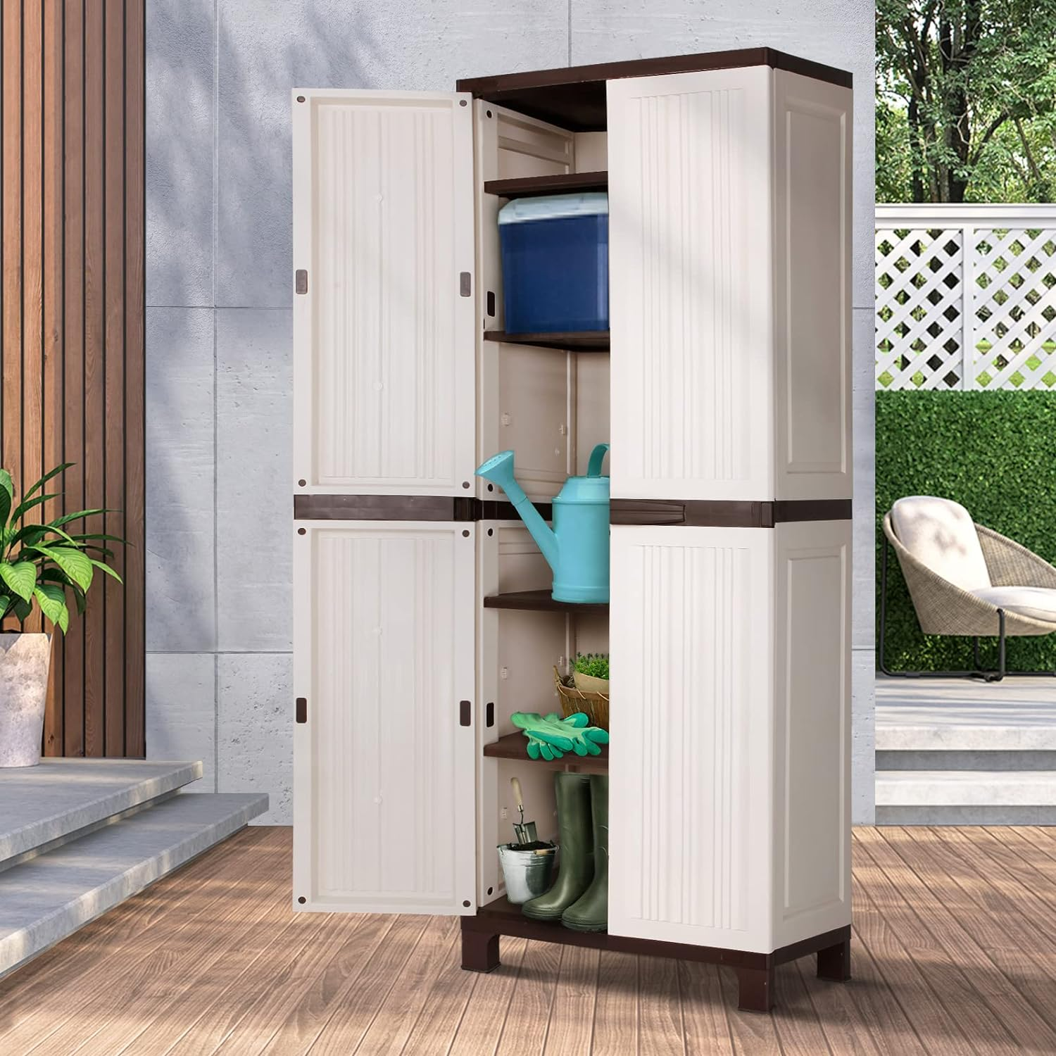 Livsip Garden Shed 173Cm with Adjustable Shelf and Lockable Doors Outdoor Storage Cabinet Beige