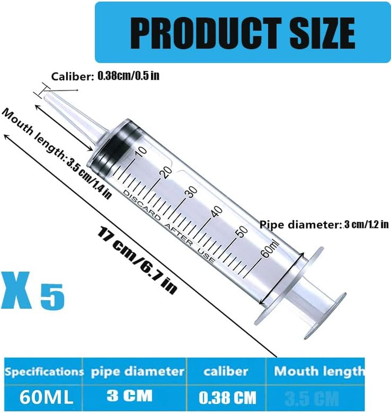 5Pcs 60Ml Plastic Syringe with Caps No Needle,Plastic Syringe with Cap Disposable Feeding Syringe Sterile Package Measuring Syringe,Large Plastic Sterile Syringes without Needle for Pet Feeding