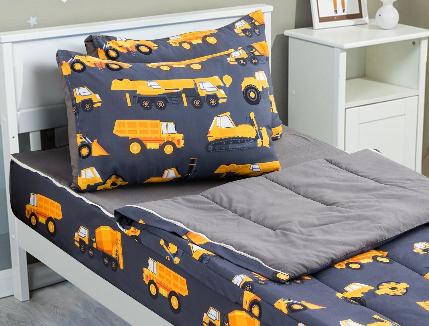 Meeting Story 3Pcs Kids Comforter Sets Zipper Bedding Set for Boys,Twin Kid Bedding Set Car Comforter Construction Bedding for Kid,All in One Zipper Bedding（Grey,Twin） image number 6