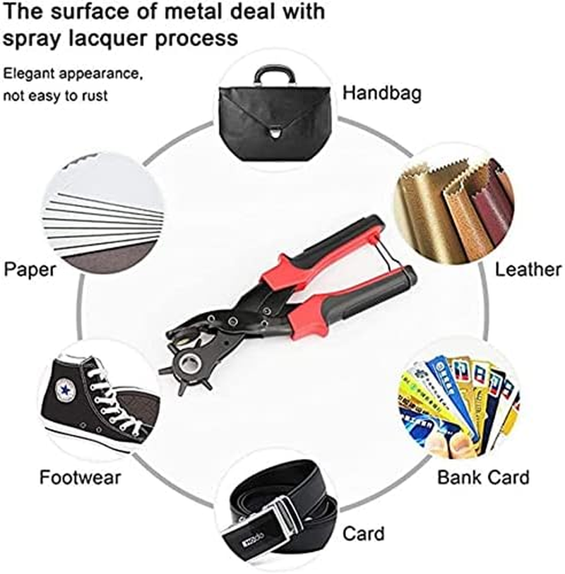 Leather Hole Punch Tool Set - Super Heavy Duty Rotary Puncher - Multi Hole Sizes Maker Tool, for Belts,Watch Bands, Traps,Dog Collars,Saddles,Shoes,Fabric,Diy Home or Craft Projects (Black&Red) image number 1