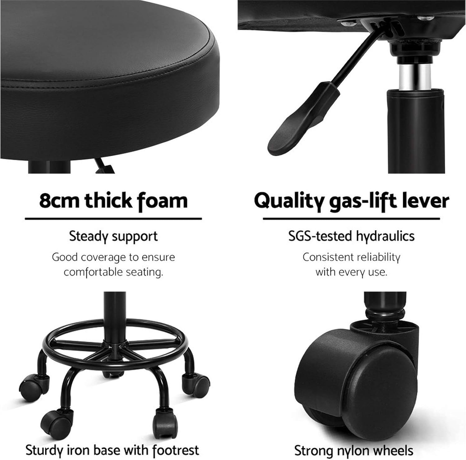 Artiss round PU Salon Stool, Bar Stools Swivel Lounge Drafting Chair Piano Guitar Seat Barber Chairs Outdoor Spa Indoor Home Office Kitchen Furniture, Adjustable Height Hydraulic Lift Black image number 5