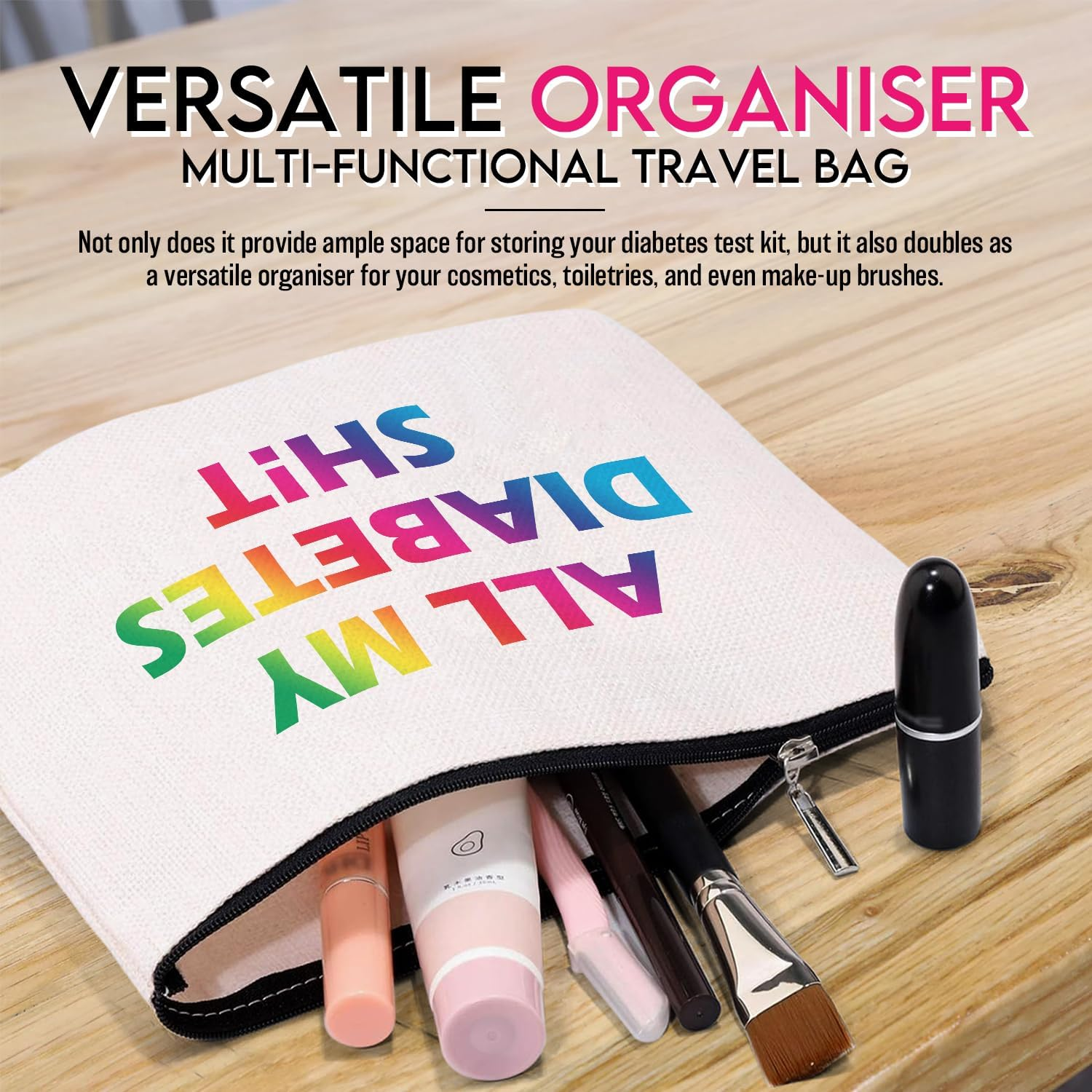 Travel Diabetic Case - Colourful, Witty Design, Durable 100% Cotton Canvas with Bonus Keychain - Perfect for Diabetic Supplies, Cosmetics, Toiletries, Makeup Brushes - Lightweight Travel Buddy image number 1