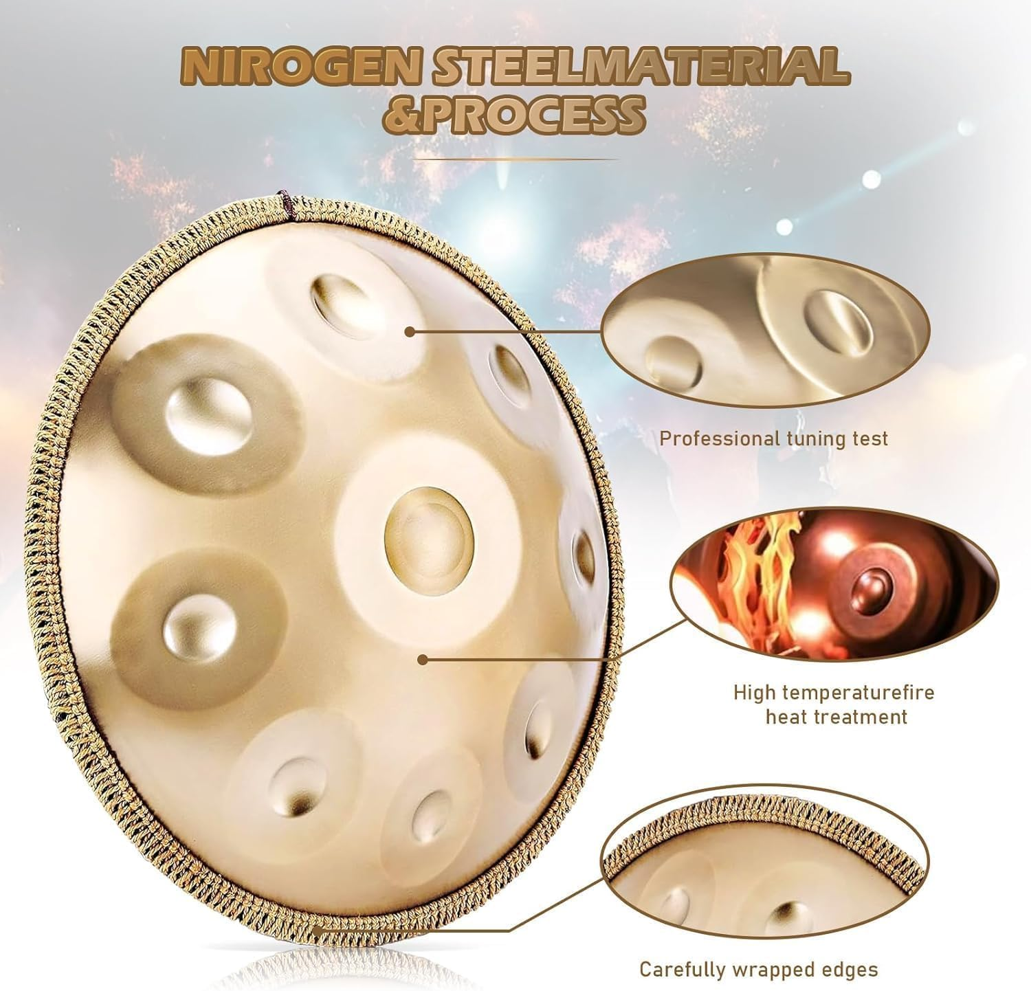 Handpan-Drum for Beginner, Steel Drums 9 T&ouml;ne 18 Zoll, Handdrum in G-Major, Hand Pan Mit Drum-Bag and Handpan Holder, Musical Instruments for Sound Healing, Meditation (Deep Gold) - Deep Gold image number 5