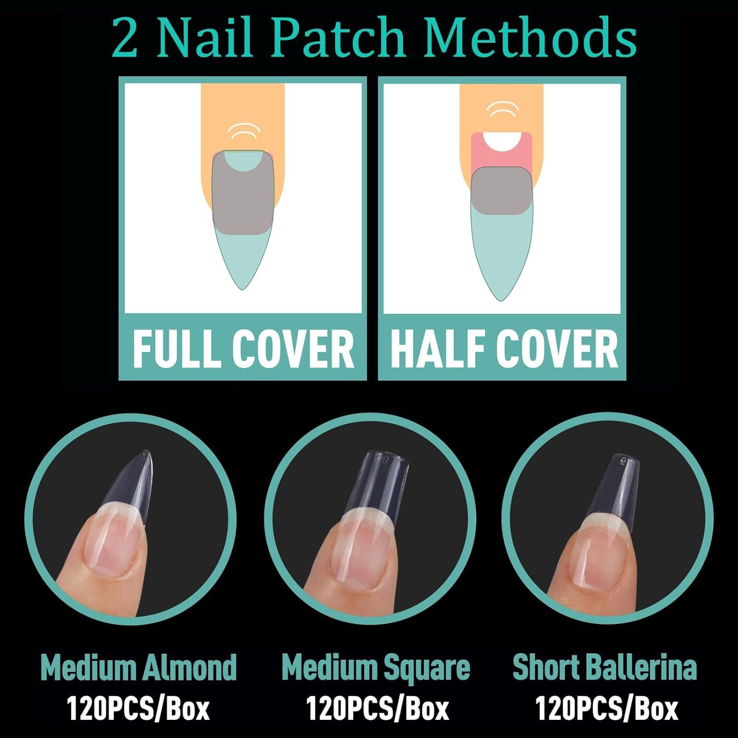 Soft Gel X False Nail Tips Kit of 3 Styles - Ballerina Medium Almond, Square and Short, 360Pcs Full Cover Acrylic Nail Tips Semi-Matte Preformed, Nail Extension image number 3