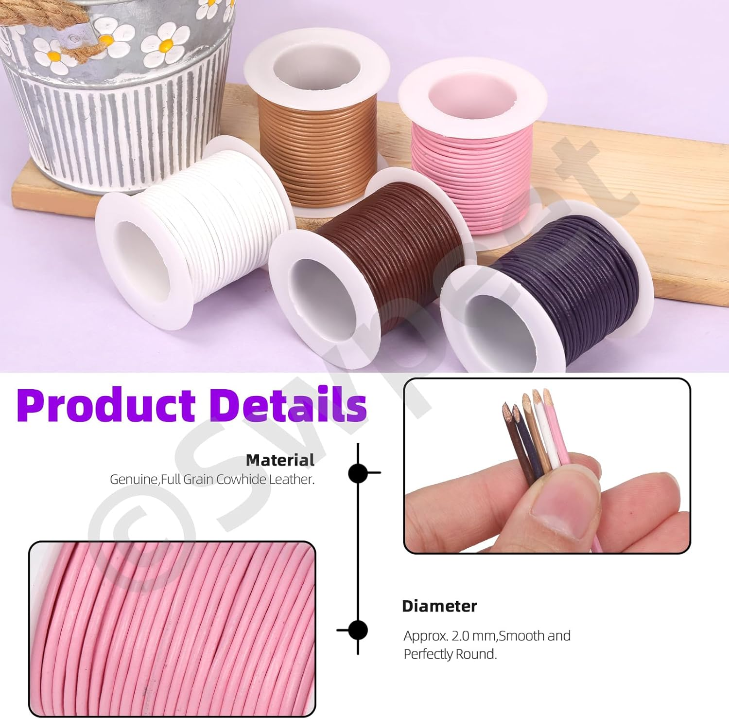 Swpeet 1 Roll 2Mm X 11Yard Leather Rope, Crafts round Cowhide, Jewelry Leather Cord, Natural Rawhide Rope for Jewelry Making, Shoelaces, Braided Bracelets, Versatile Applications (Pink) - Khaki image number 5