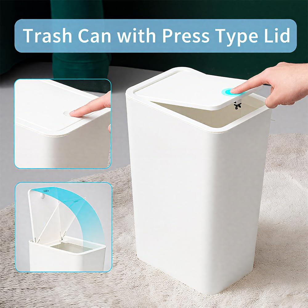 2 Pack Slim Space-Saving Trash Can with Press Top Lid, 12L Durable Plastic Garbage Bin for Kitchen, Bathroom, RV, Office, Small Container Wastebasket for Narrow Spaces (White)