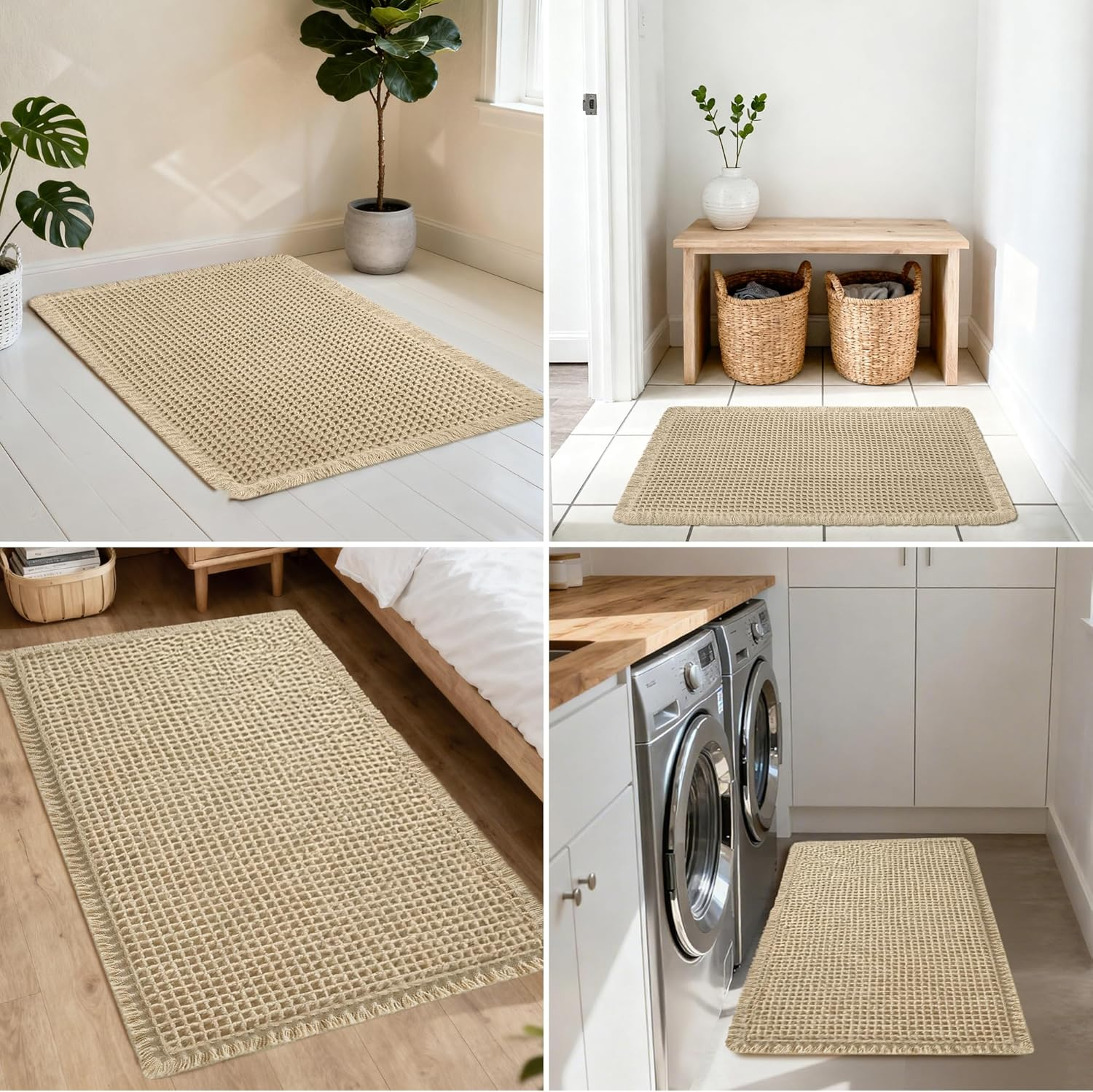 Cosinst Waffle Bath Mat 46X77Cm Super Absorbent Non Slip Comfortable Carpet for Tub, Shower Room, Machine Wash Quick Dry Bath Rugs with Tassels, Rubber Backed Bathroom Mats, Ultra Soft, Brown image number 2