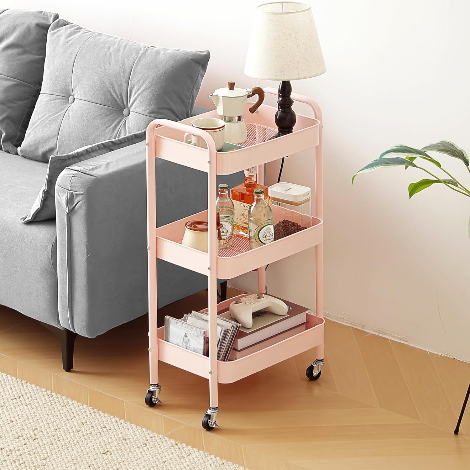 Tiita 3 Tier Rolling Utility Cart, Metal Storage Utility Organizer Cart with Wheels, Slim Rolling Cart Organizer for Kitchen, Bathroom, Office, Pink image number 6
