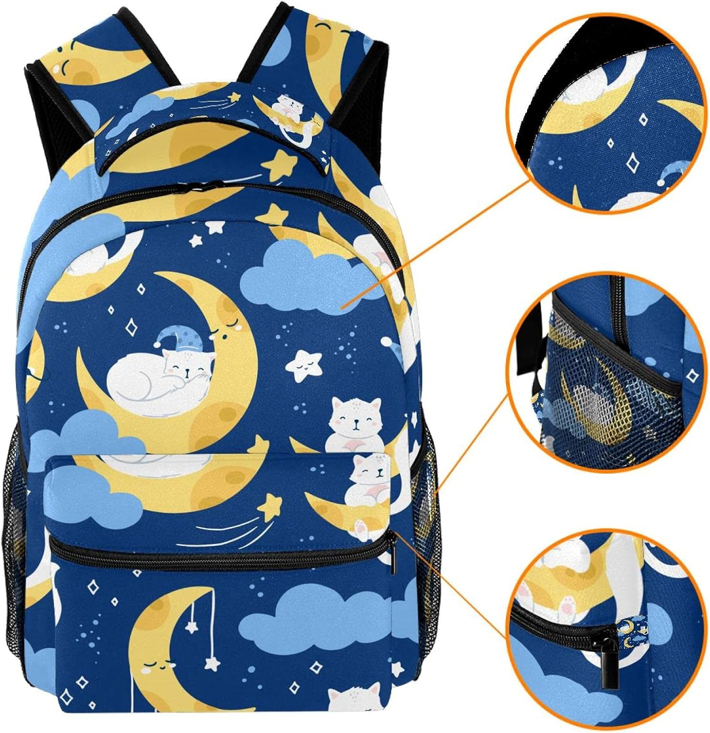 White Cat Sleeping on a Moon Starry Night Sky Backpack Students Shoulder Bags Travel Bag College School Tote Backpacks image number 5