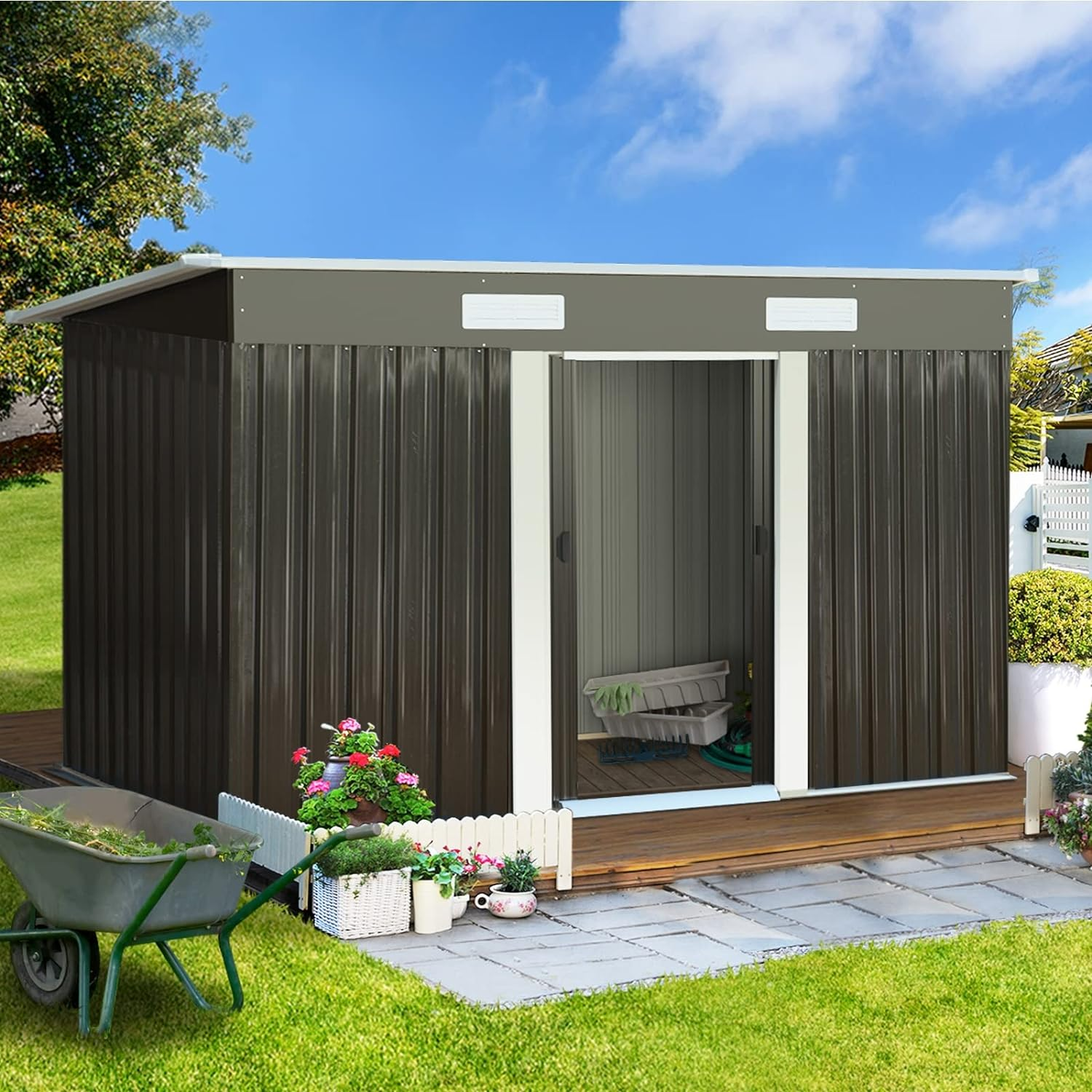 Livsip Outdoor Storage with Metal Base and Lock 2.38 X 1.31M Garden Shed - With Base image number 4