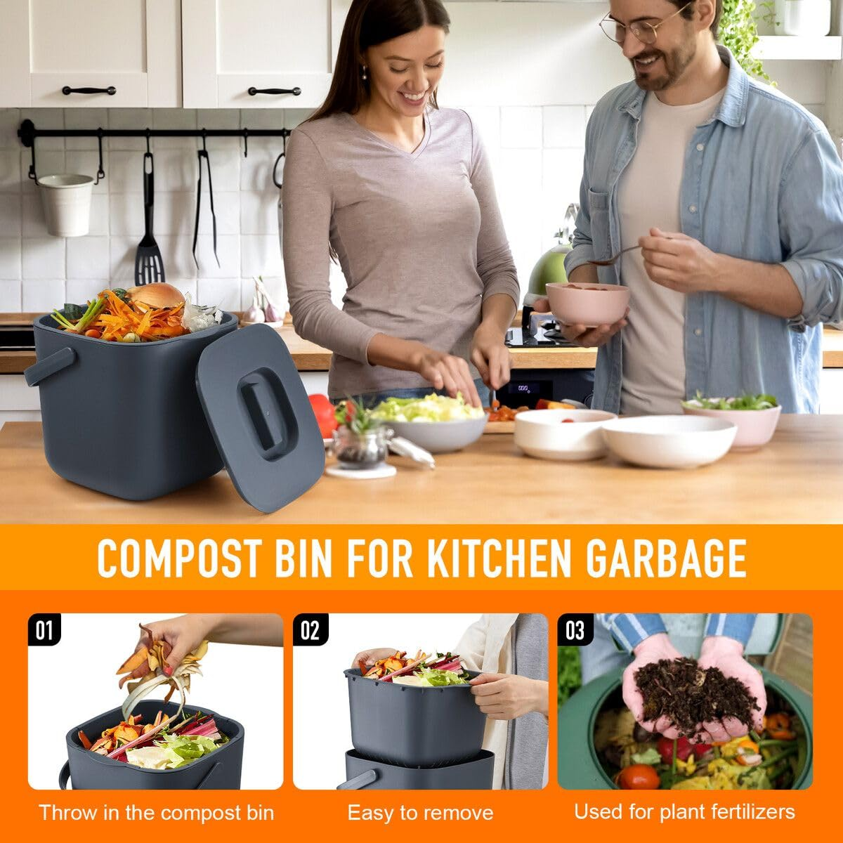 7L Kitchen Compost Bin Plastic Rubbish Waste Bin Countertop Dustbin Trash Can with Detachable Inner Bucket Dark Grey image number 3
