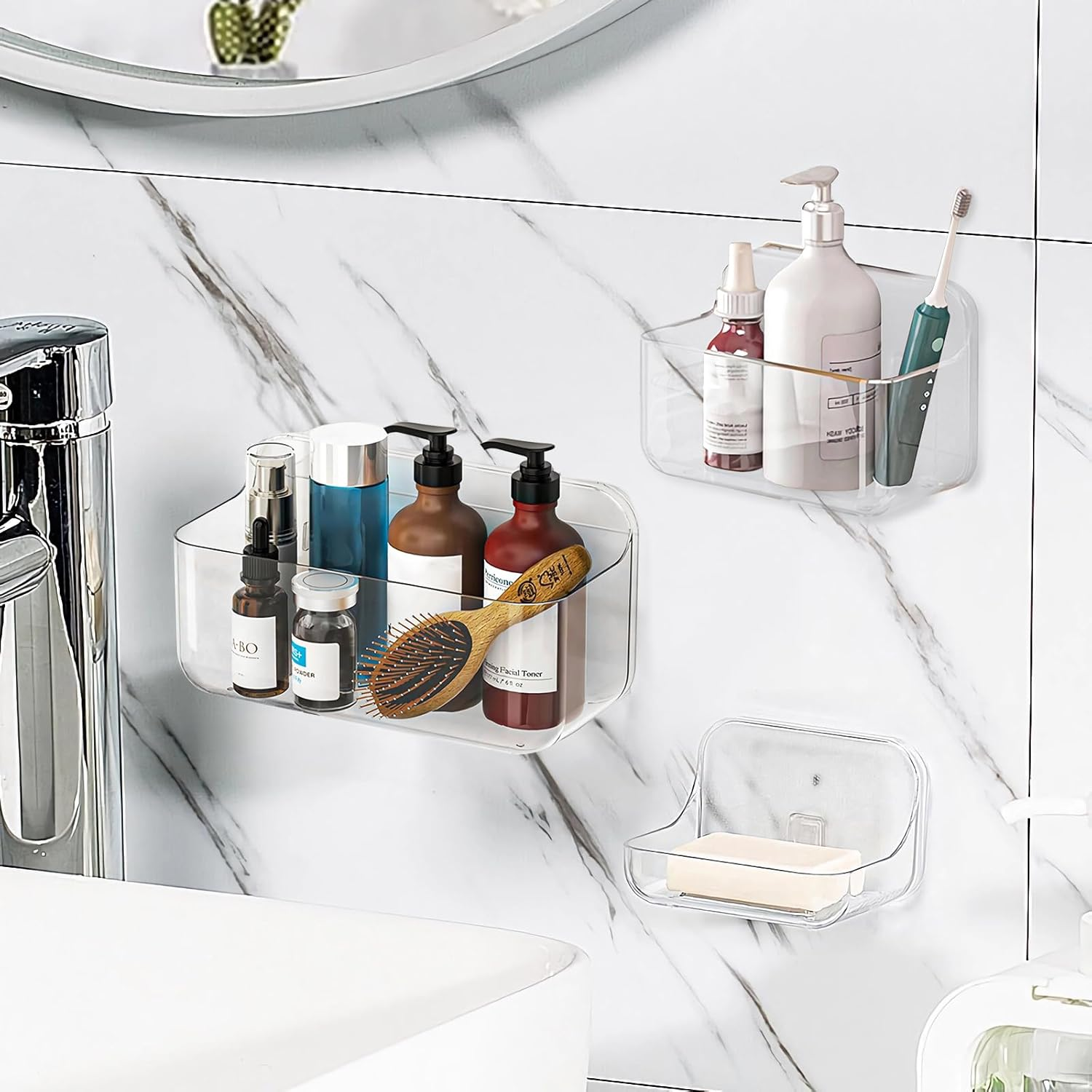 Diesisa Acrylic Wall Mounted Shower Caddy, Clear, 12.4" X 3.42" X 3.26" Acrylic Shelf, No Drilling Hang Walls Adhesive Shelf, Acrylic Bathroom Shelves with Self Adhesive Tape for Bathroom, Kitchen