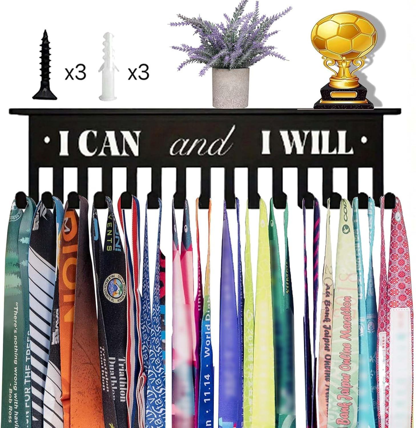 Medal Hanger Display,Metal Medal Holder with 15 Hook,Wall Mount Hanger Holder,Trophy Shelf for Karate Belt,Running,Marathon,Soccer,Taekwondo image number 1