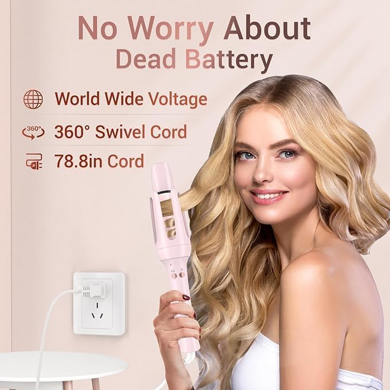 Automatic Curling Iron, Hair Waver with Anti-Tangle & Auto-Off, Hair Curler Replaceable Curling Wand with 2 Sizes Barrel (1", 1.25") & 3 Temps, Double Voltage Rotating Curling Iron (Pink, Medium) image number 2