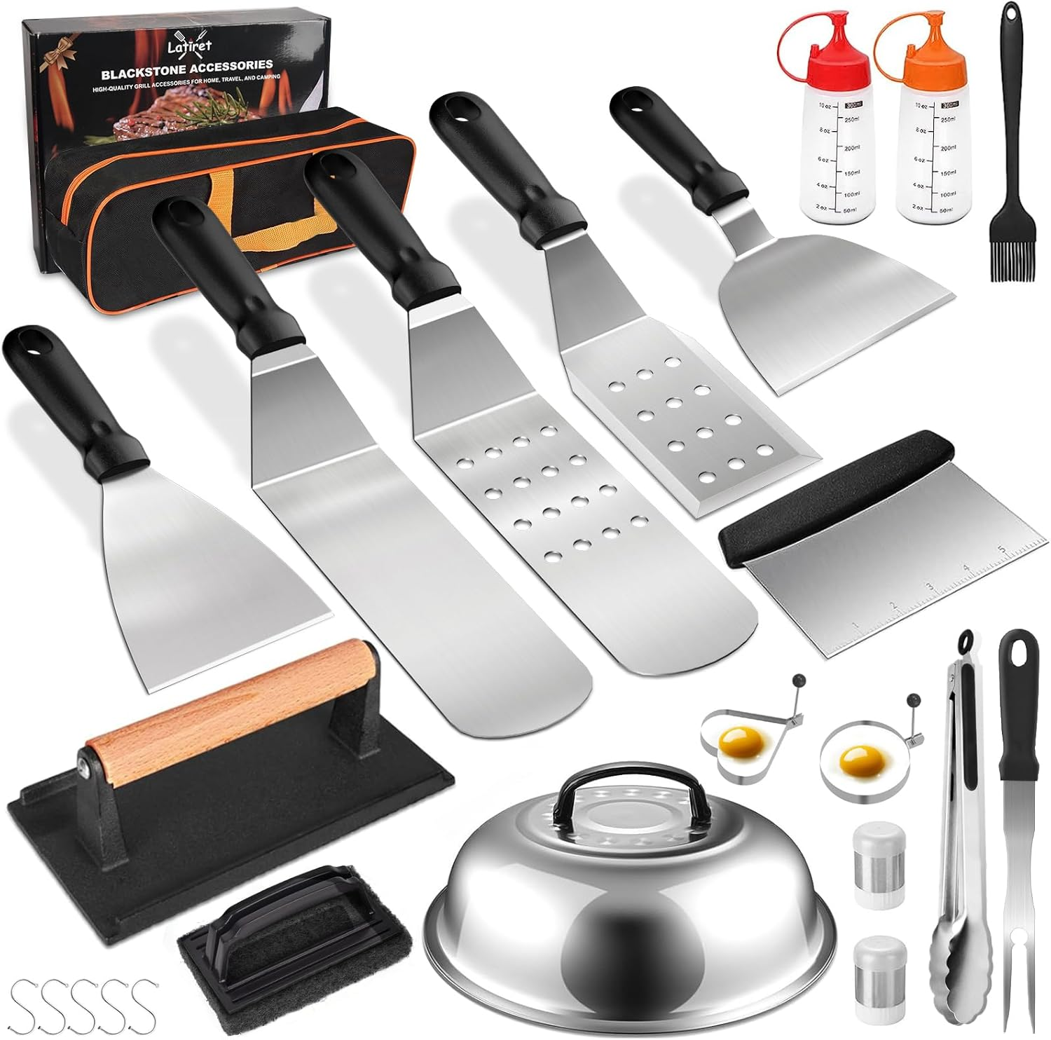 Latiret Griddle Accessories Kit, 24Pcs Grilling Accessories Set for Blackstone and Camp Chef, Flat Top Griddle Accessories Set with Scraper, Enlarged Spatulas, Basting Cover, White Elephant Gifts image number 5