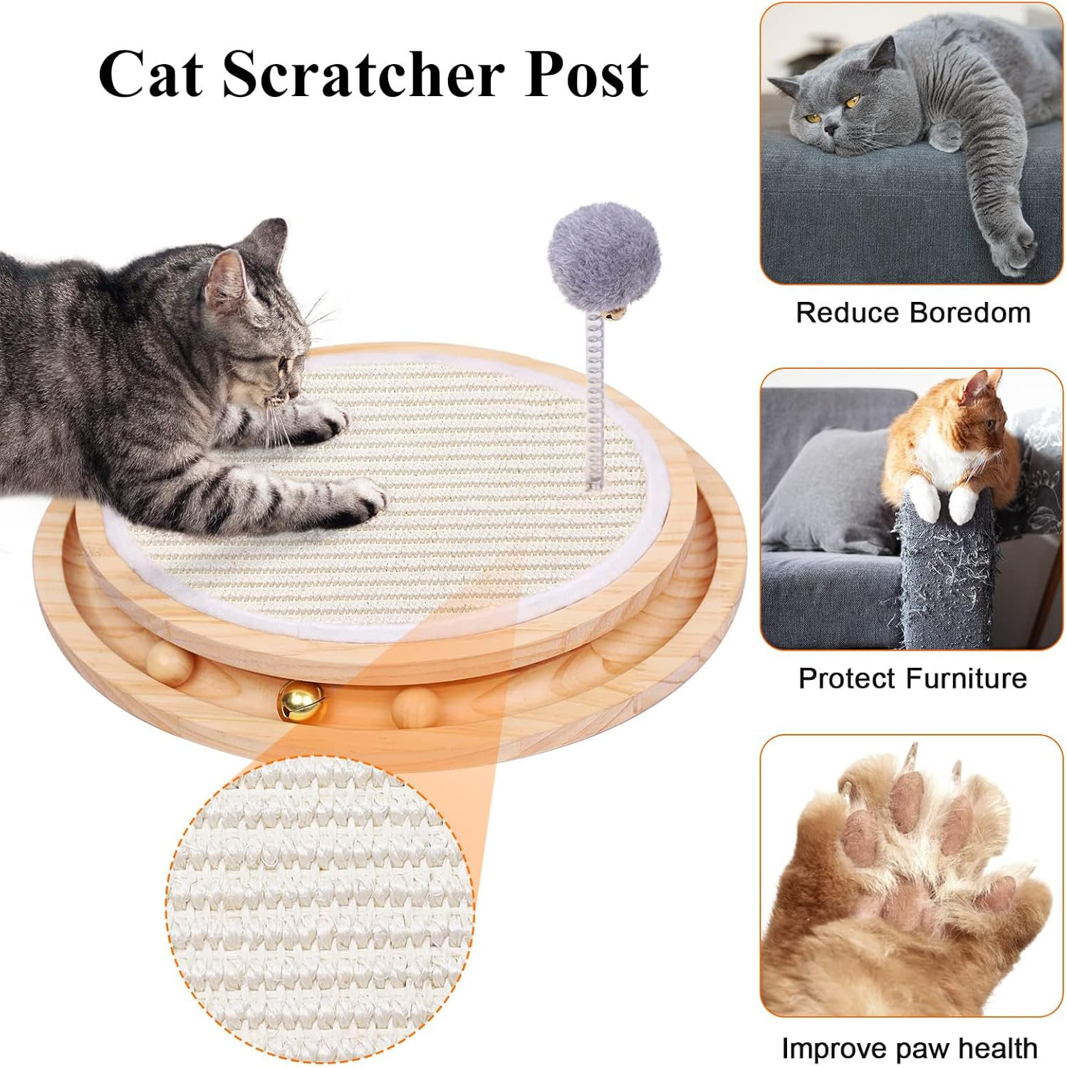 Cat Scratcher, Cat Natural Sisal Scratching Post, Hasourie Kitten Interactive Toy with Ball Track Spring Ball for Chasing Hunting Mental Physical Exercise image number 4