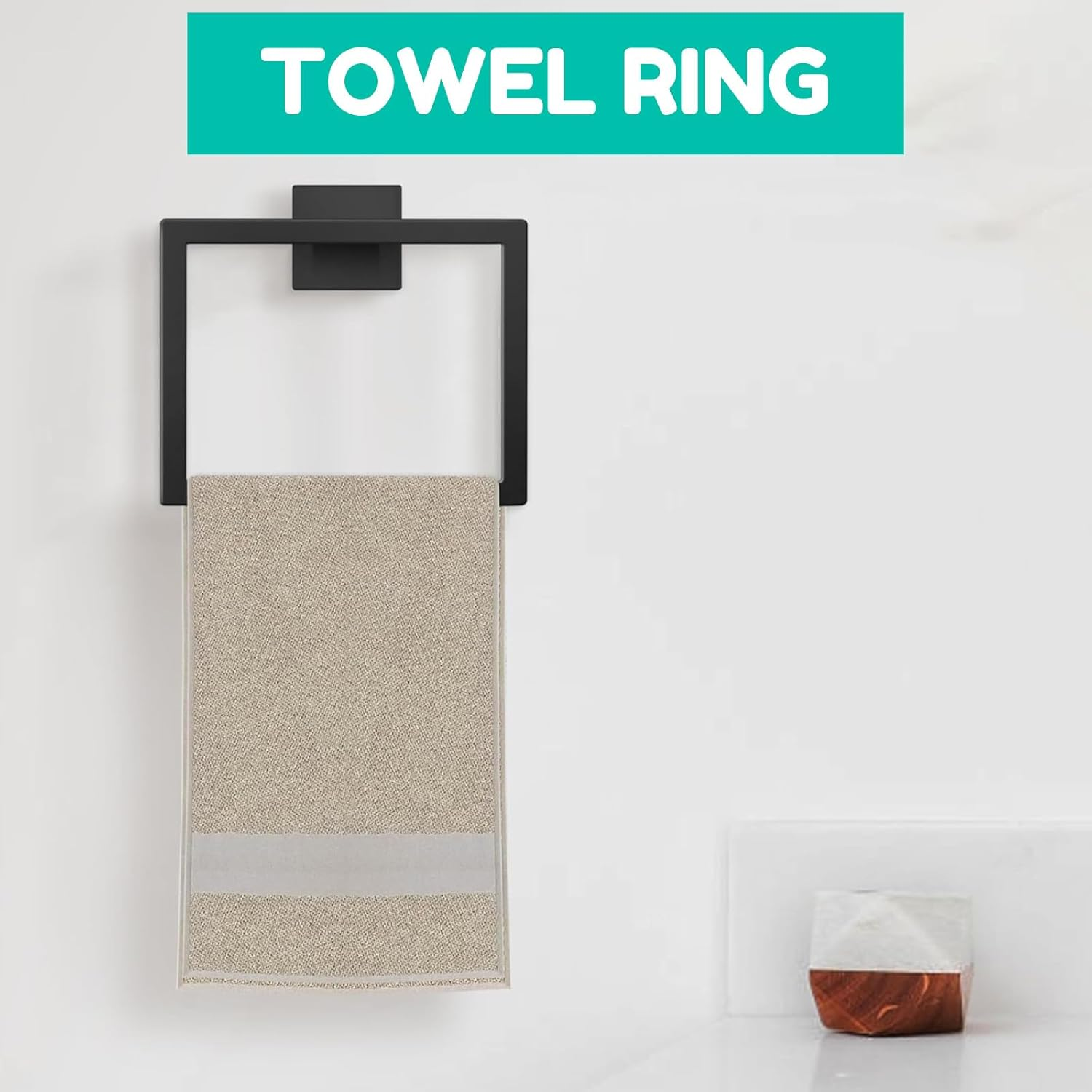 RIKONDA Matte Black Towel Ring Holder - 304 Stainless Steel Bathroom Towel Rack, Modern Square Design with Hidden Screws, Rustproof & Durable for Kitchen, Laundry, Hotels image number 2