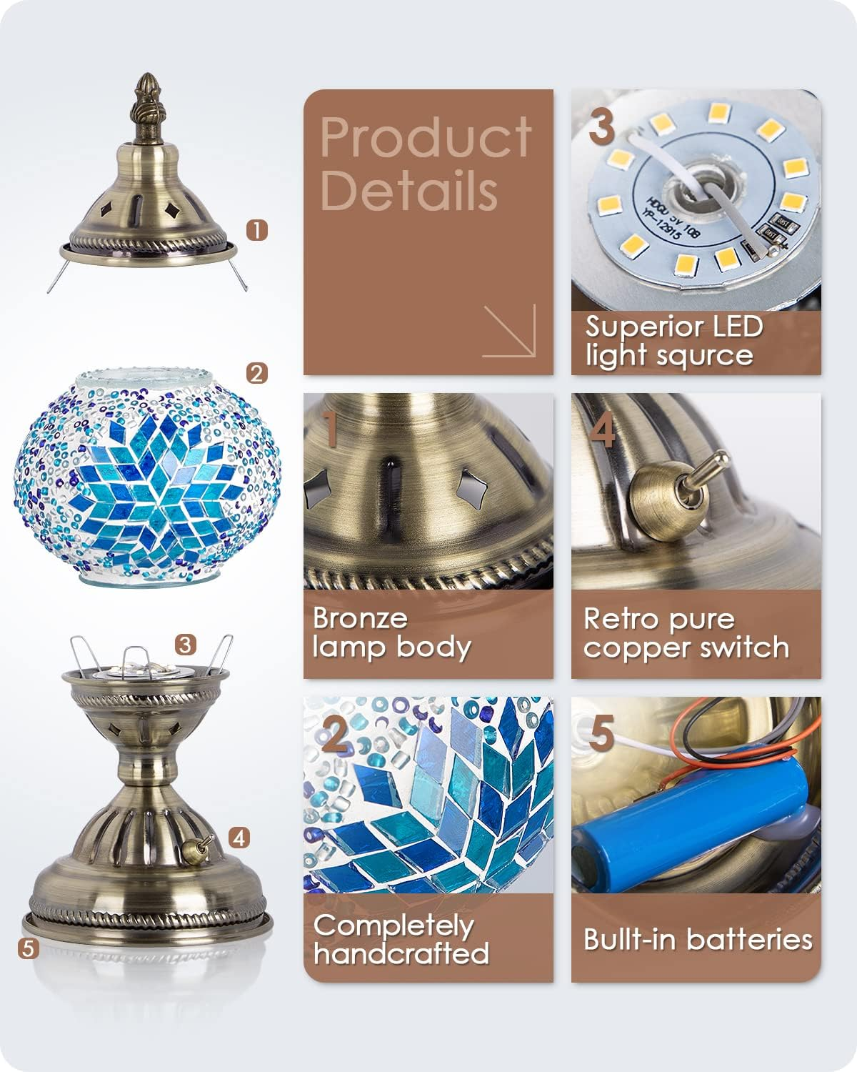 Yarra-Decor Turkish Moroccan Lamp with Bronze Base Handmade Tiffany Mosaic Glass Lamps Portable Bedside Rechargeable Battery 2000Mah (LED Bulb Included)(2) Blue2 image number 5