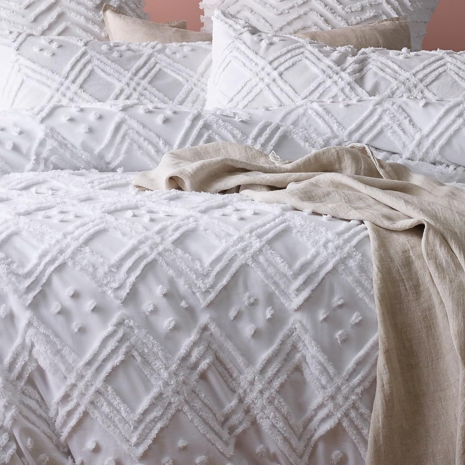 Park Avenue Medallion 100% Cotton Vintage Washed Tufted Quilt Cover Set, Queen, White image number 5