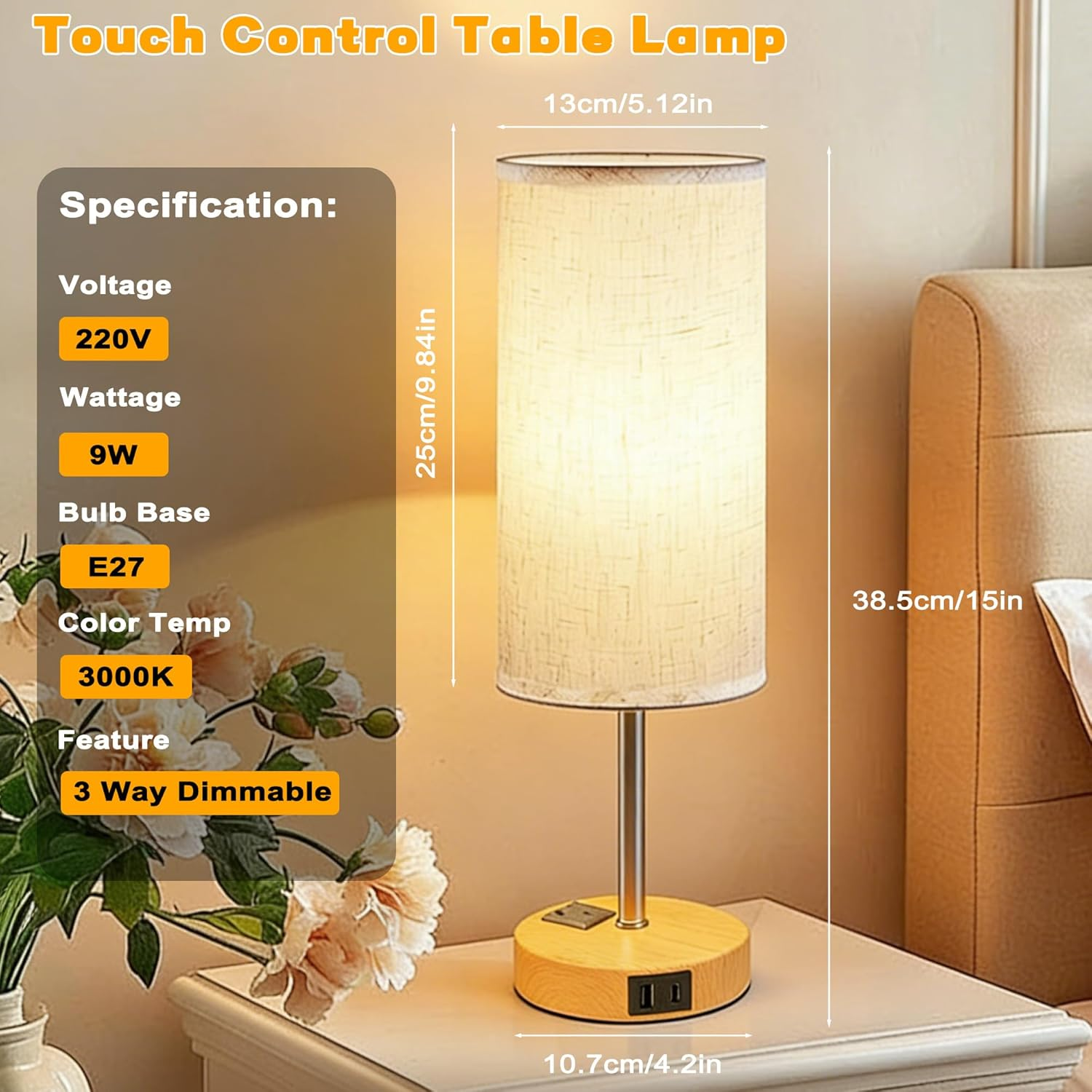 Necomi Bedside Lamp with A&C Ports, Touch Table Lamp for Bedroom with 3 Way Dimmable & AC Outlet, Featuring Linen Lampshade, Suitable for Living Rooms, Study Rooms, and Home Offices (Bulb Included) image number 1