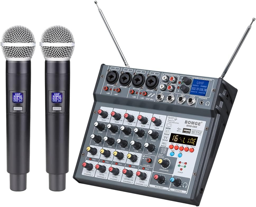 BOMGE 6 Channel Audio DJ Console Mixer with Dua UHF Wireless Microphone,Usb, Bluetooth, 48V Phantom,16 Echo/Delay for Home Studio Recording DJ Network Live Karaoke PC Guitar image number 4