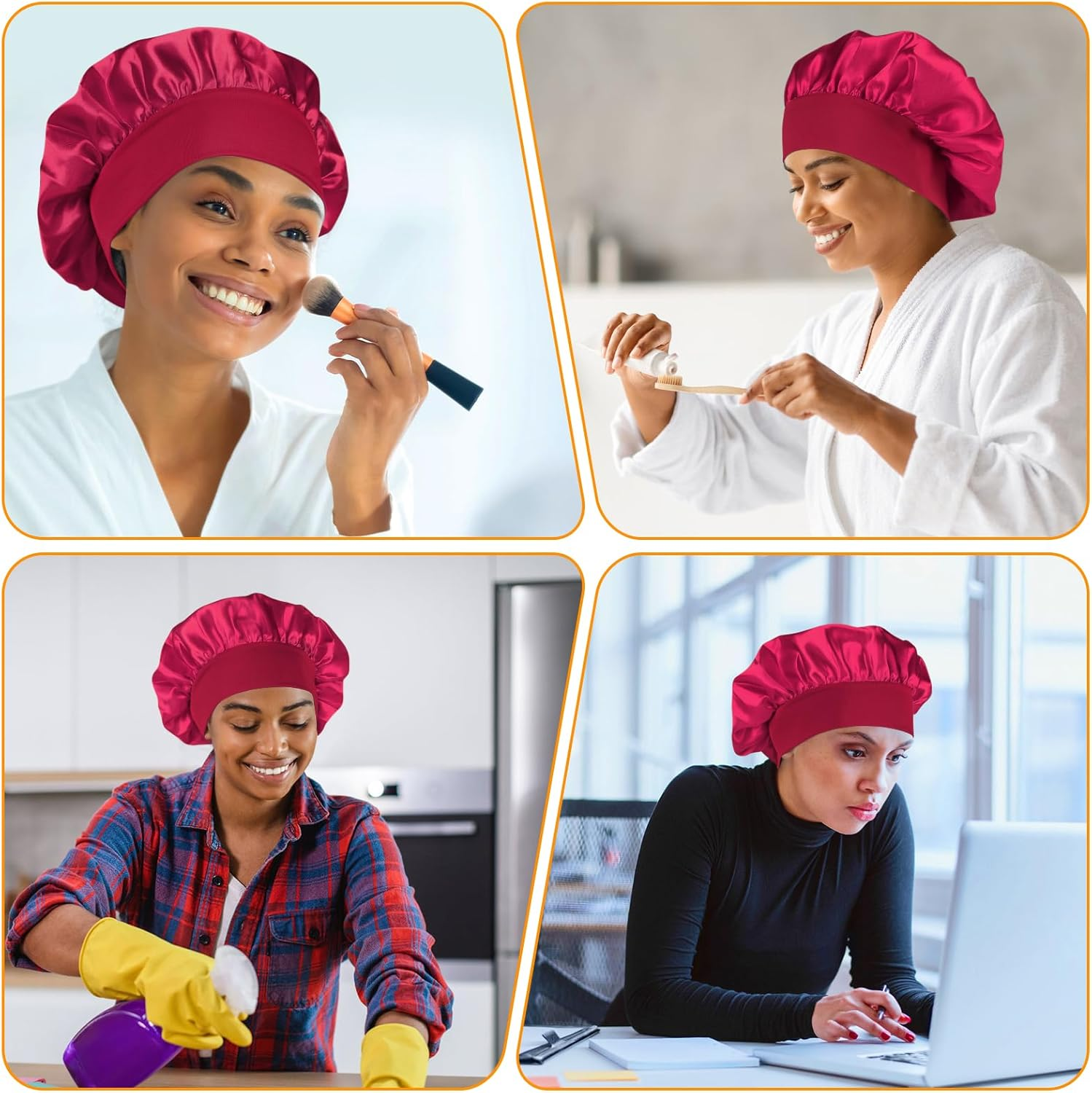 2 Pcs Silk Hair Wrap for Sleeping, Stain Bonnets Hair Bonnet with Wide Elastic Band, Soft Night Sleep Cap for Women Girls, Curly Hair Care Head Cover for Night Sleep (Black+Beige) - Black+Navy Blue image number 7