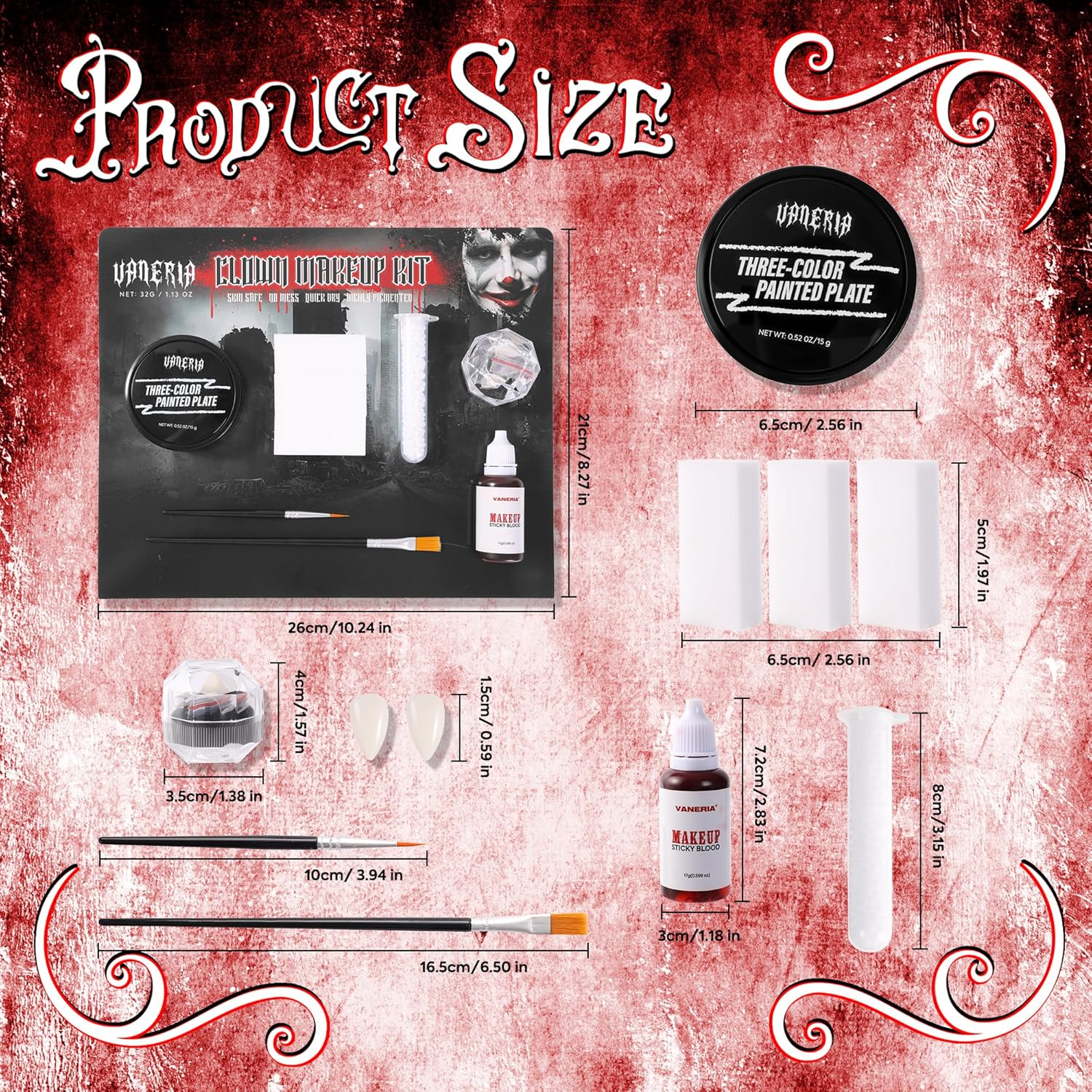 VANERIA Clown Makeup Halloween, Black White Red Cream Face Body Paint for Halloween, SFX Makeup Set with Vampire Teeth & Fake Blood, Clown Art Theater with Brushes image number 5