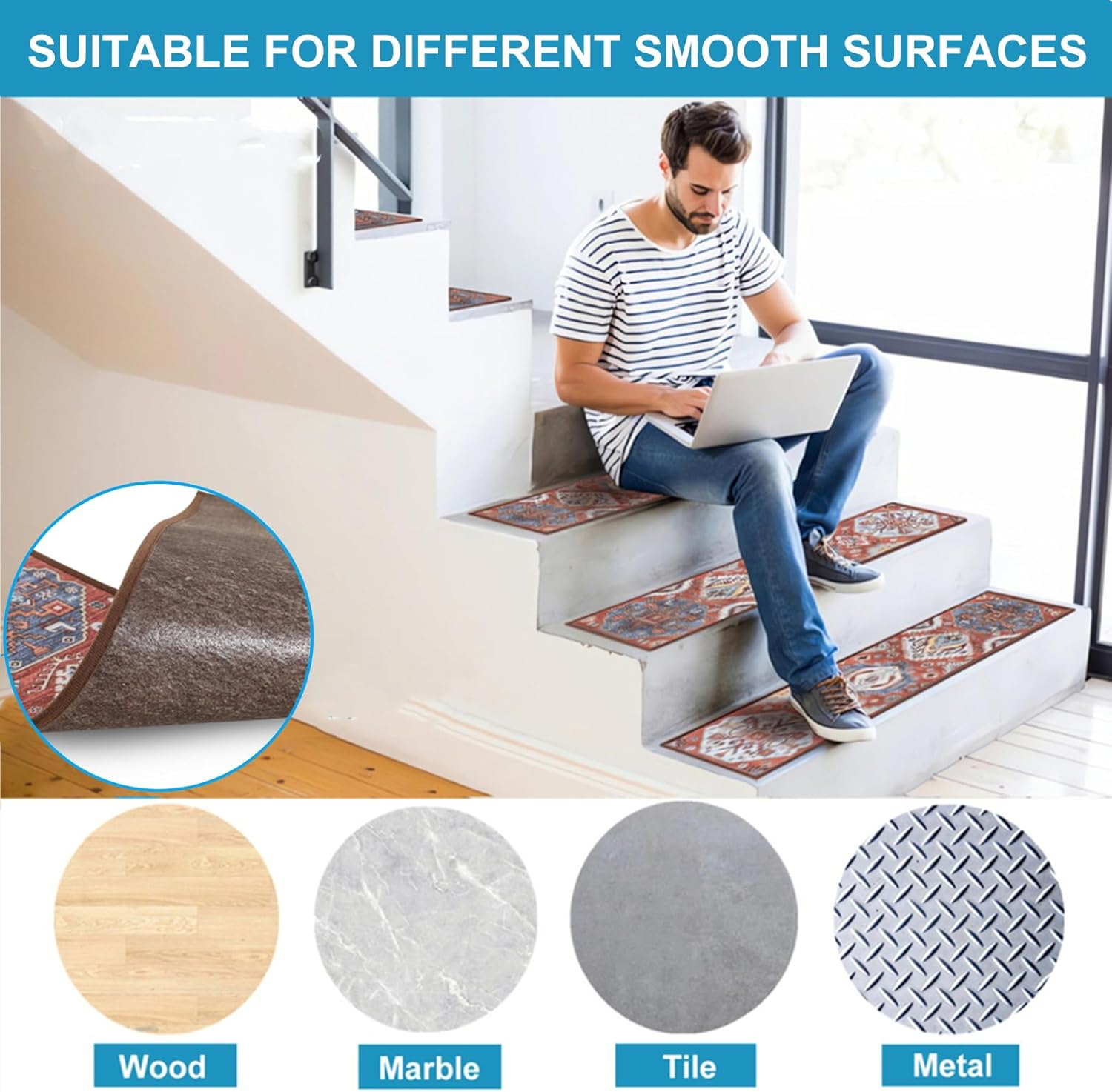 YWAQMCT Non-Slip Stair Pads, 15PCS Wood Stair Treads Carpe, anti Moving Modern Stair Rubber Mat Runner Safety for Kids Dogs, 8" X 30" (15Pcs, Red)