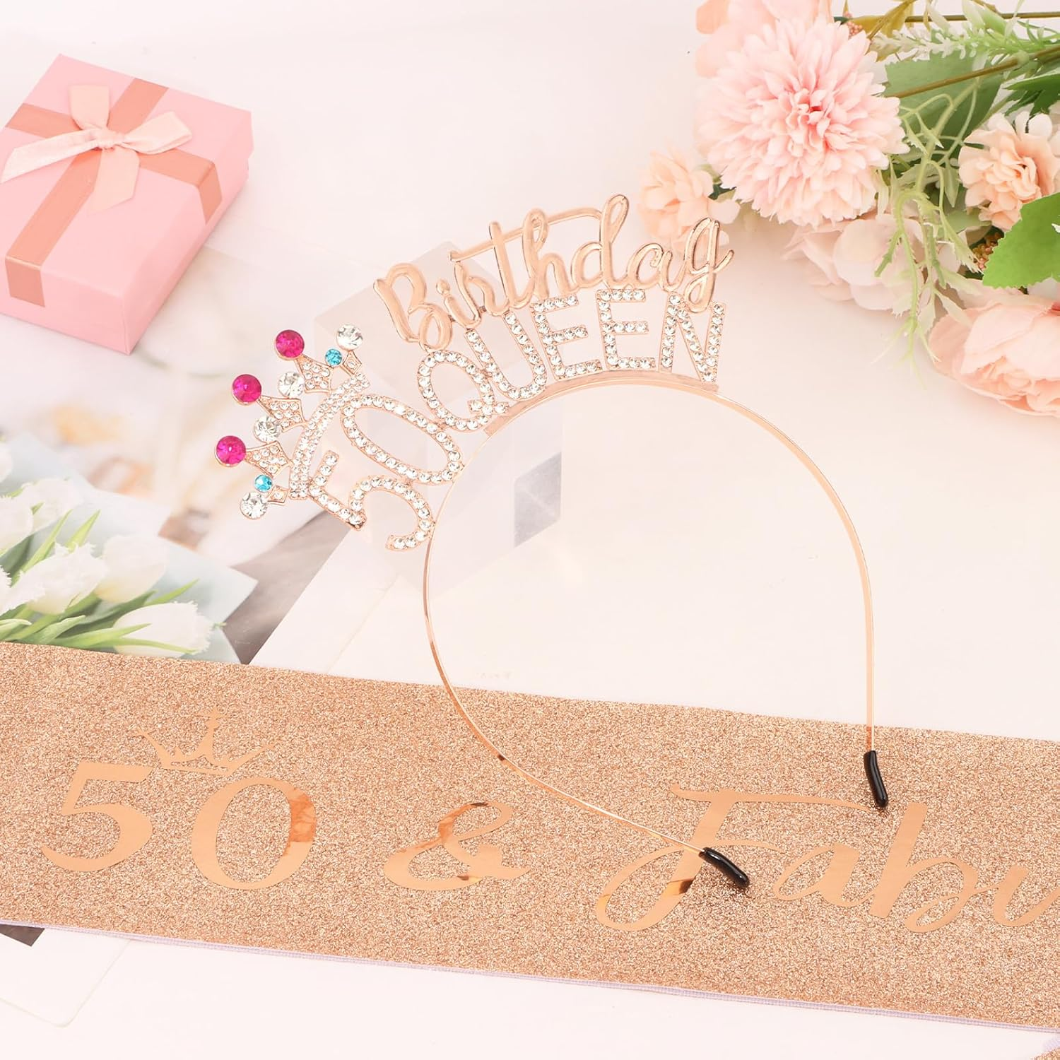 Pruadeor Rose Gold 50Th Birthday Crown Woman 50Th Birthday Headband Glitter Sash for Birthday Party Decoration Gift image number 6