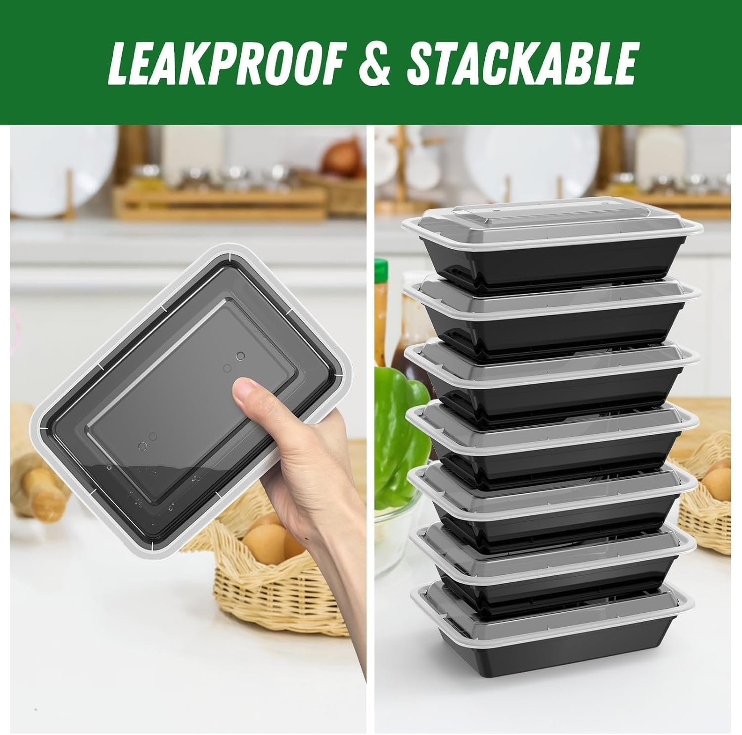 Meal Prep Containers (34 Oz) Reusable with Easy Open Lids, Microwave Freezer Dishwasher Safe, Sturdy Leakproof Food Safe, to Go Take Out Plastic Food Storage Pans with Lids, Black (10 Pcs) image number 1