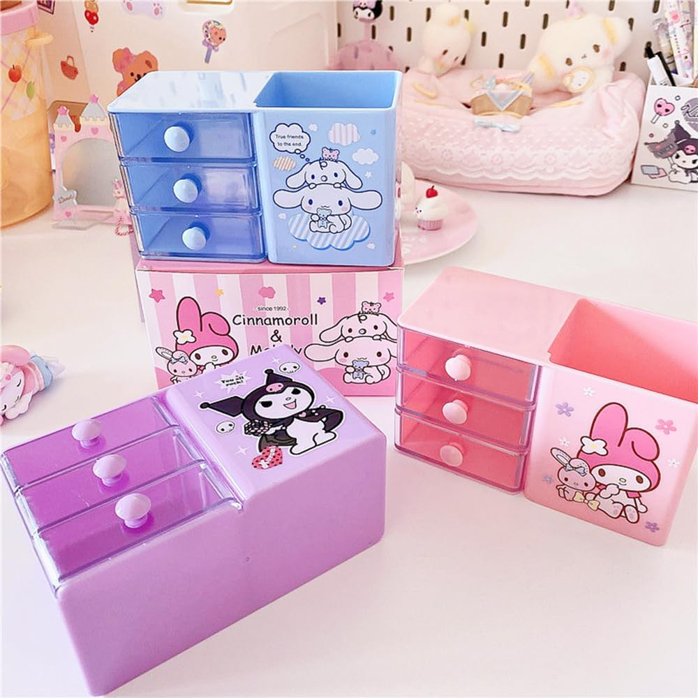 Kawaii Pen Holder Drawer Storage Box Office Desktop Office Supplies Three-Layer Cartoon Colorful Small Drawer Box - Pink image number 3