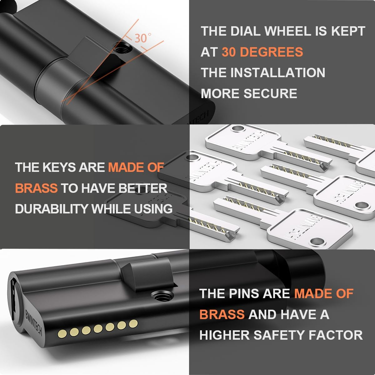 Bwintech Keyed Alike 30T/30 Mm Euro Brass Cylinder, 60 Mm Key/Key Cylinder Lock with 5 Horizontal Brass Keys, anti Picking, anti Drilling, anti Bumping, Black Surface image number 4