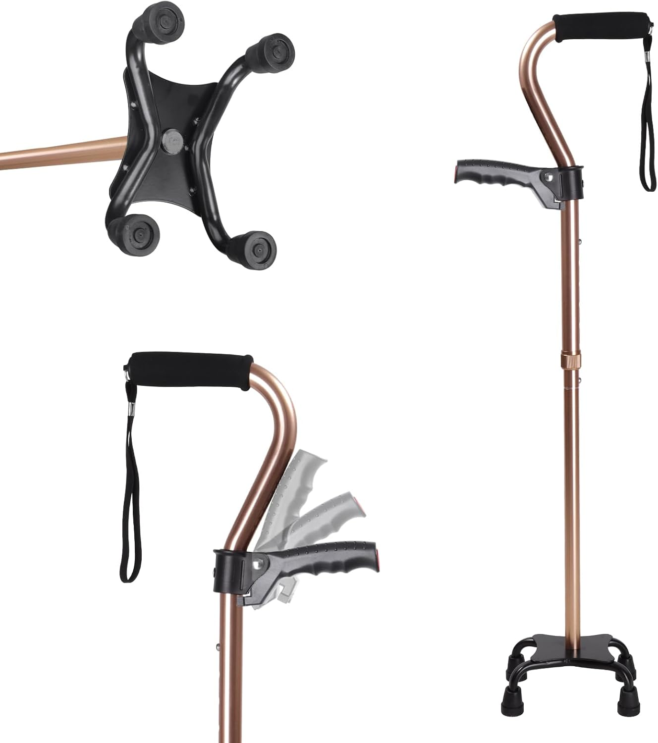 Adjustable Walking Cane for Men & Women &ndash; 4-Pronged Base for Stability &ndash; Foldable Cane for Seniors with Foam Padded Offset Handle(Champagne) image number 4