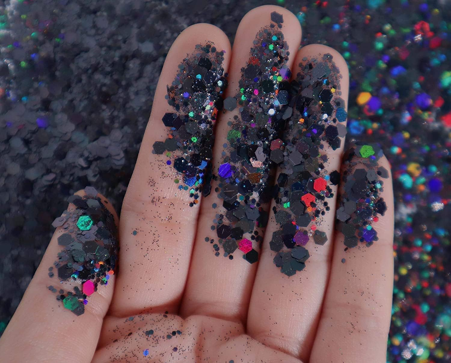 JEMESI Holographic Chunky Glitter, Black 100 G Chunky Sequins Glitter, Craft Glitter for Resin, Face, Nail, Body, Crafts, Slime Festival Party Art, Glitter Powder for Nails Glitter image number 1