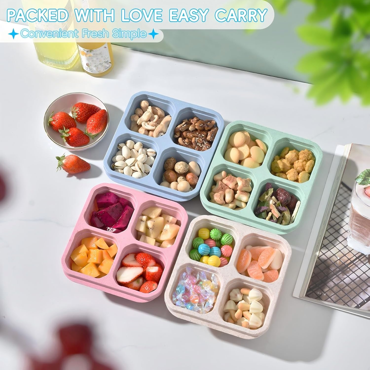 4 Pack Reusable Bento Snack Box, 4 Compartments Meal Prep Lunch Containers for Kids Adults, Containers with Transparent Lids for School, Work and Travel image number 2
