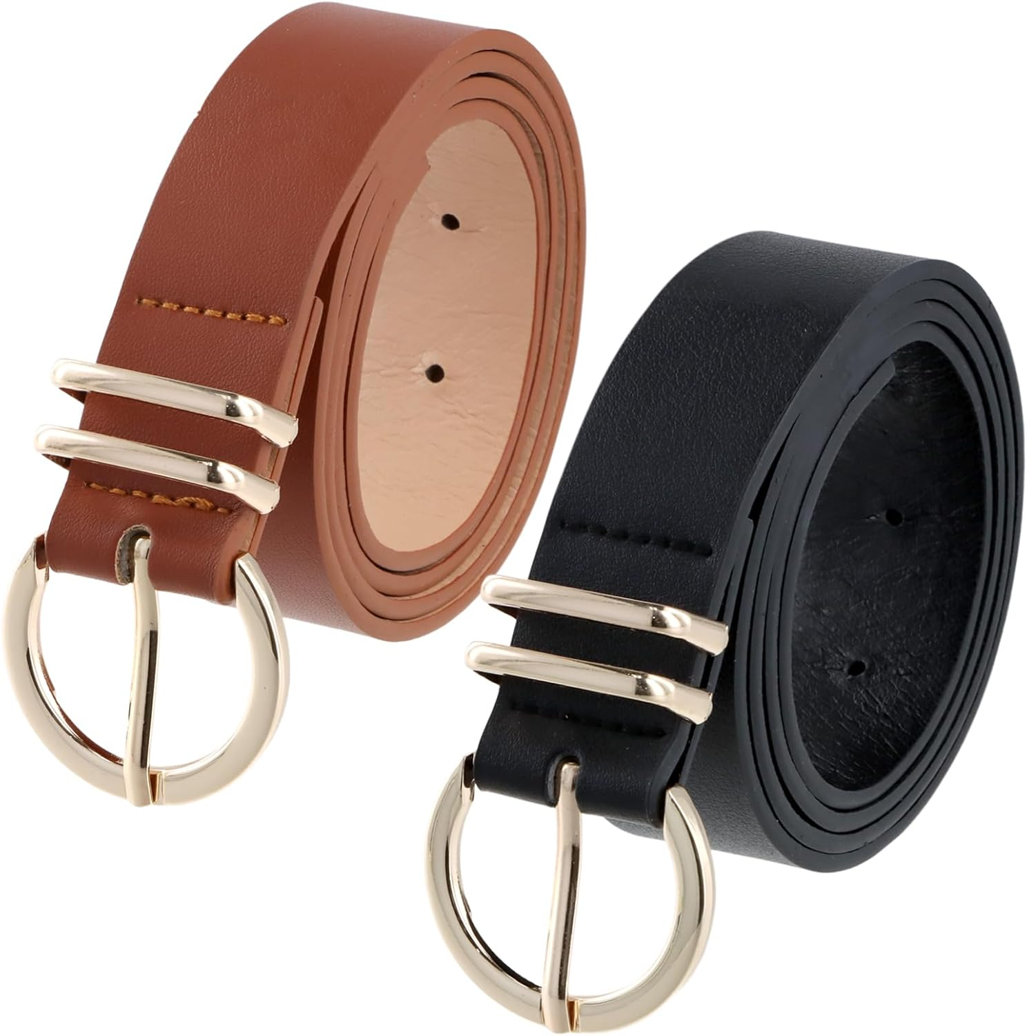 2 Pack Womens Leather Belts, All-Match Belts Fashion Belts, with Gold round Metal Buckle, Belts for Jeans Pants (Black +Brown) image number 6