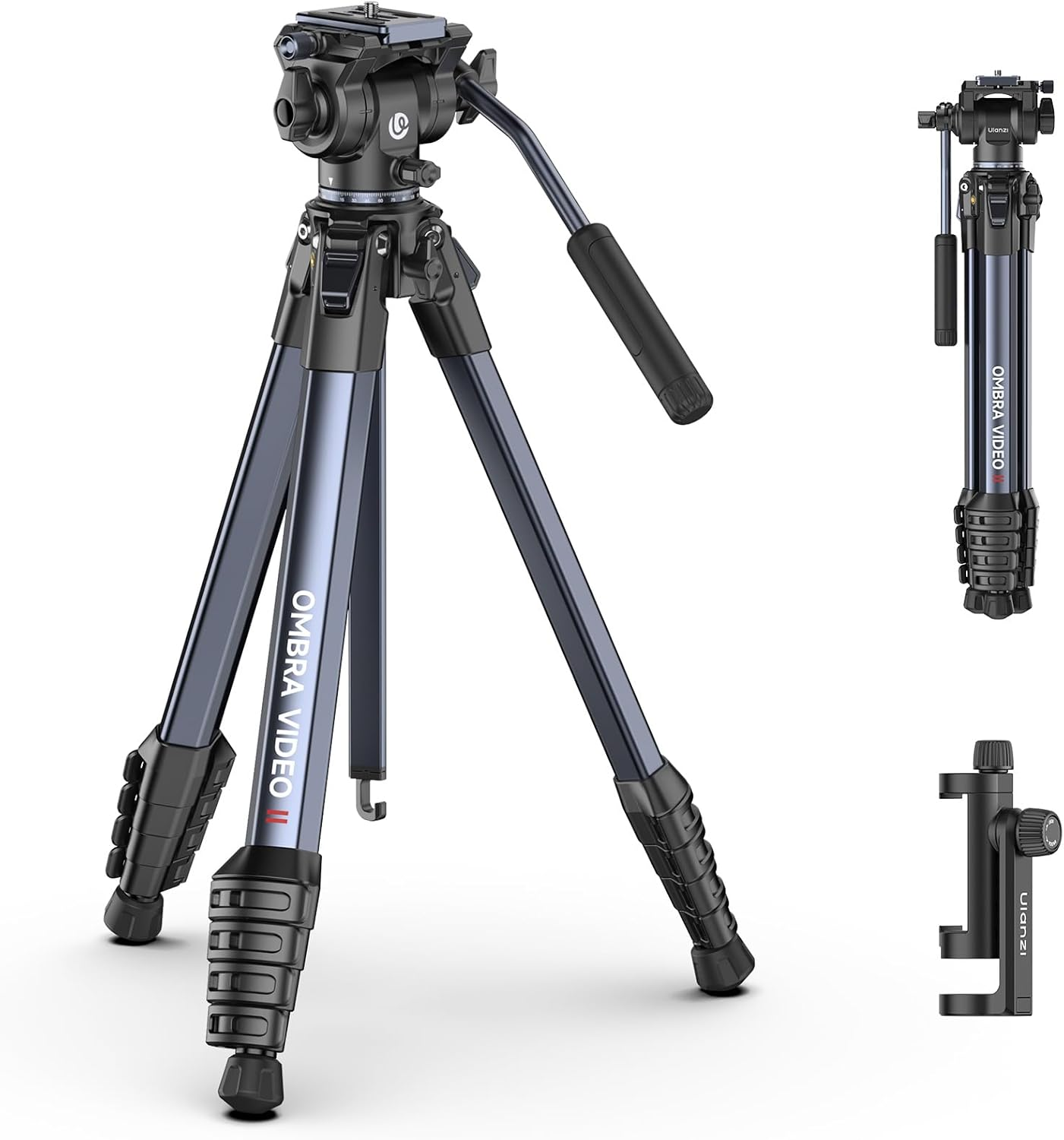 ULANZI Ombra Video Ⅱ Camera Tripod with Fluid Head, 61.5" Travel Tripod with 360&deg; Rotated Arca Quick Release Plate, Portable Stand for Phone Camera Vlogging Video Shooting with Carry Bag Phone Clamp image number 2