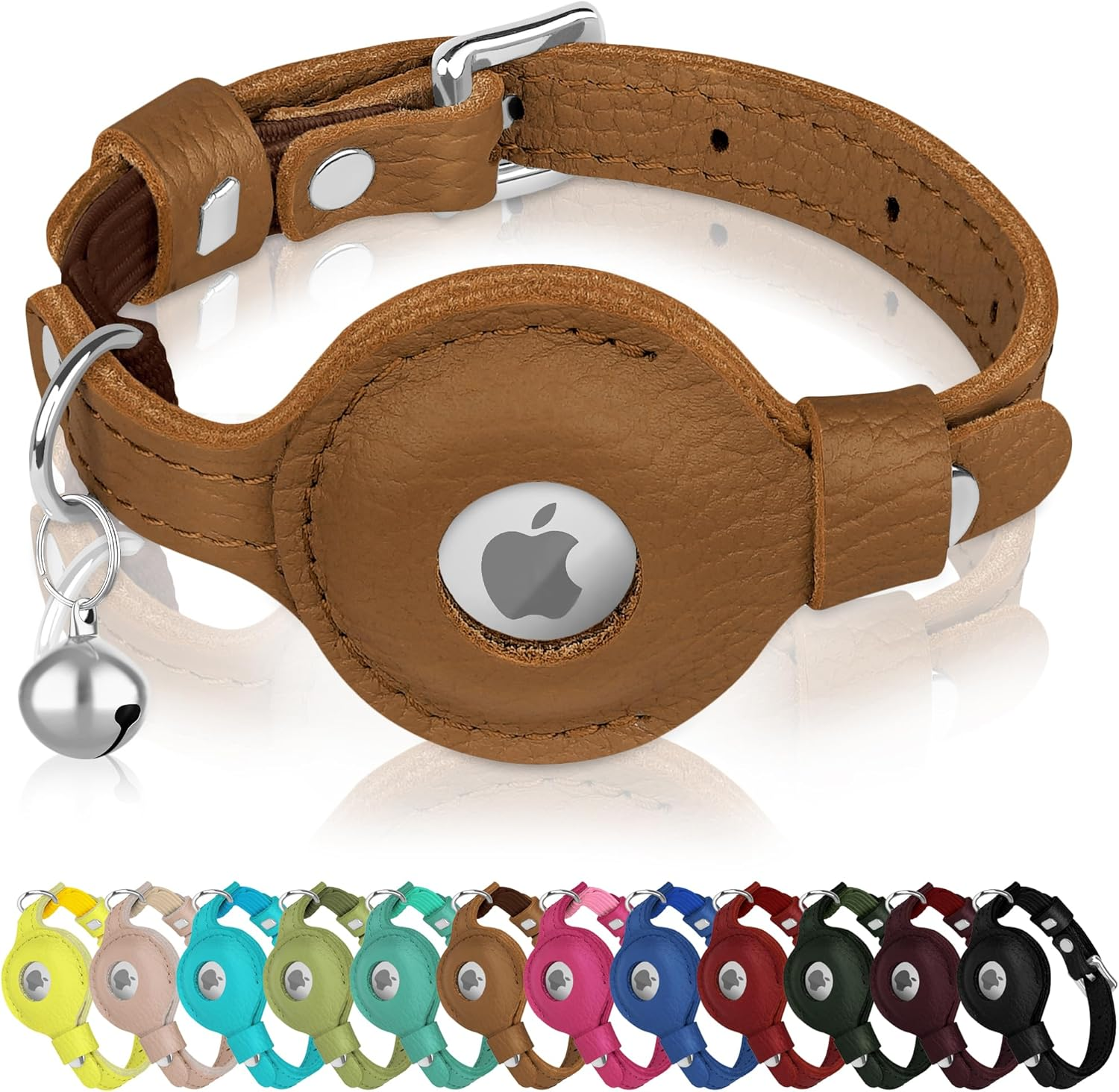 OOPSDOGGY Cat Collar for Airtag Holder, Leather Kitten Collars with Elastic Strap & Bell, Non Breakaway Adjustable Small Pet Collars for Indoor & Outdoor for Boy, Girl (Blue)