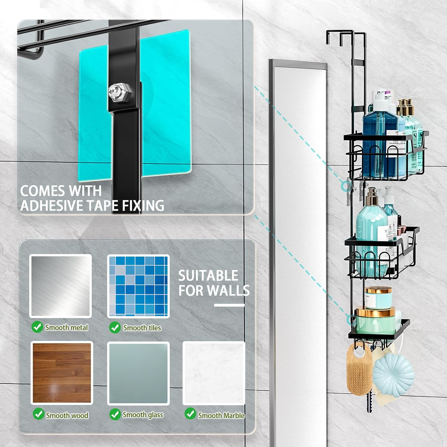 Over the Door Shower Caddy, 3 Tier Hanging Shower Organizer, Metal Hanging Shower Caddy Shower Shelf with Soap Holder and 16 Hooks, Rustproof Bathroom Shower Storage Rack Basket, No Drilling, Black