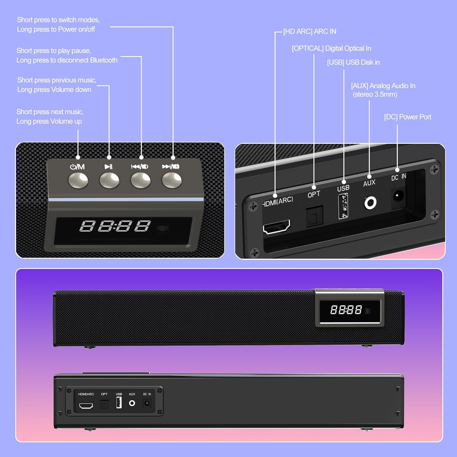 Sound Bar for Smart TV, 50W Bluetooth Soundbar with Optical/Aux/Hd 3D Input, Surround Sound System, Home Theatre Speaker